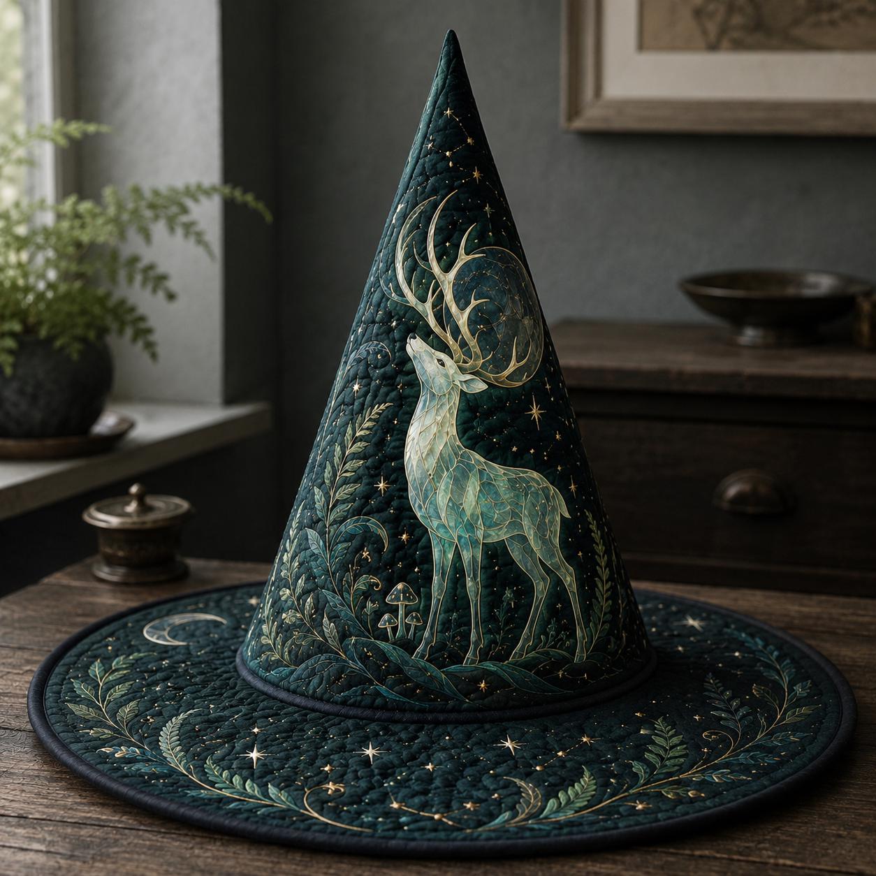 Mystical Quilted Woodland Stag Witch Hat – Gothic Celestial Deer And Moon Halloween Home Decoration, Fall Witchy Centerpiece Decor - photo 6