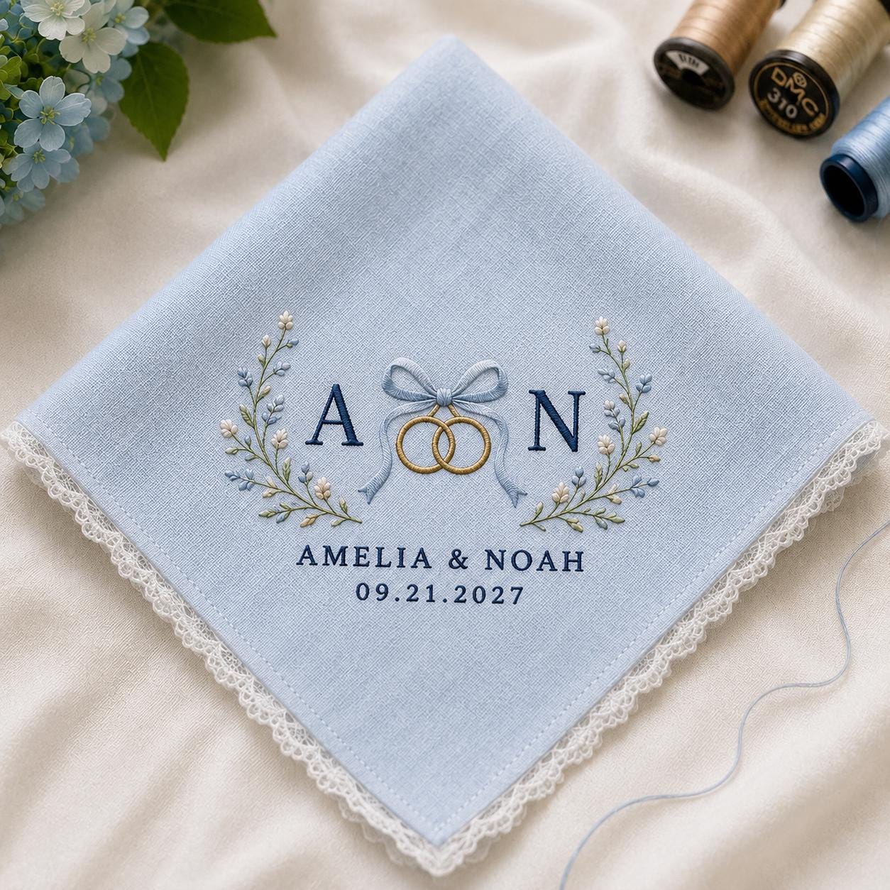 Personalized Embroidery Wedding Handkerchief – Floral Monogram Hankie with Custom Couple Name and Date for Bridal Keepsake Gift - photo 2