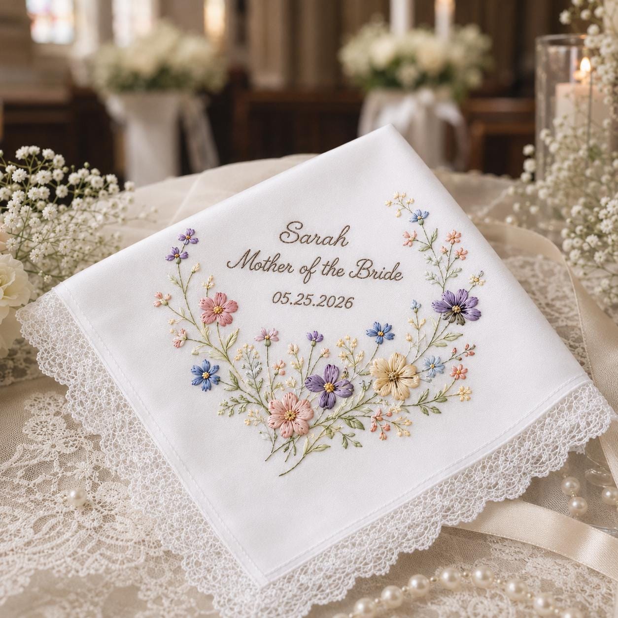 Embroidered Floral Lace Wedding Handkerchief with Personalized Bride Keepsake Gift for Brides