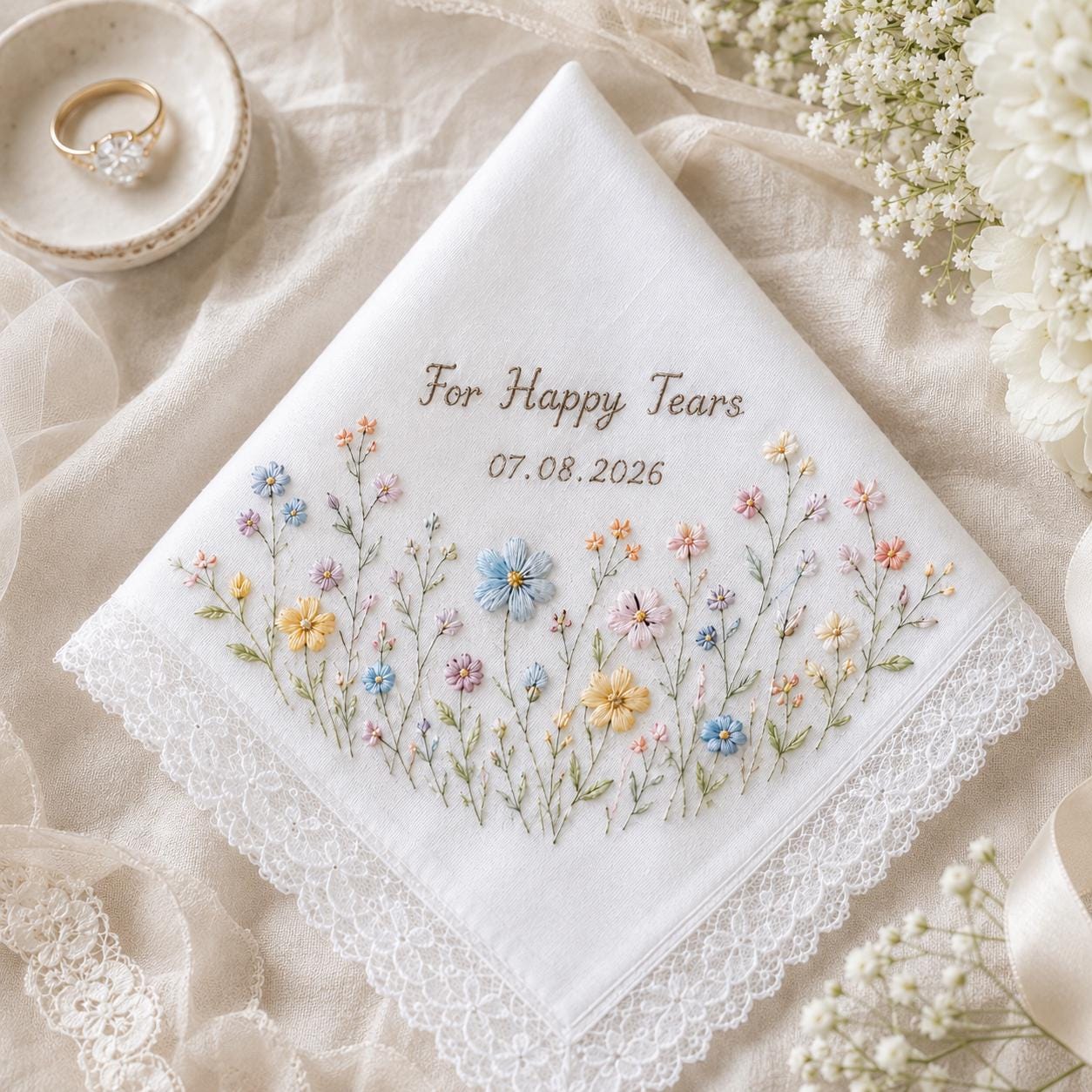 Embroidered Floral Lace Wedding Handkerchief with Personalized Bride Keepsake Gift for Brides - photo 2