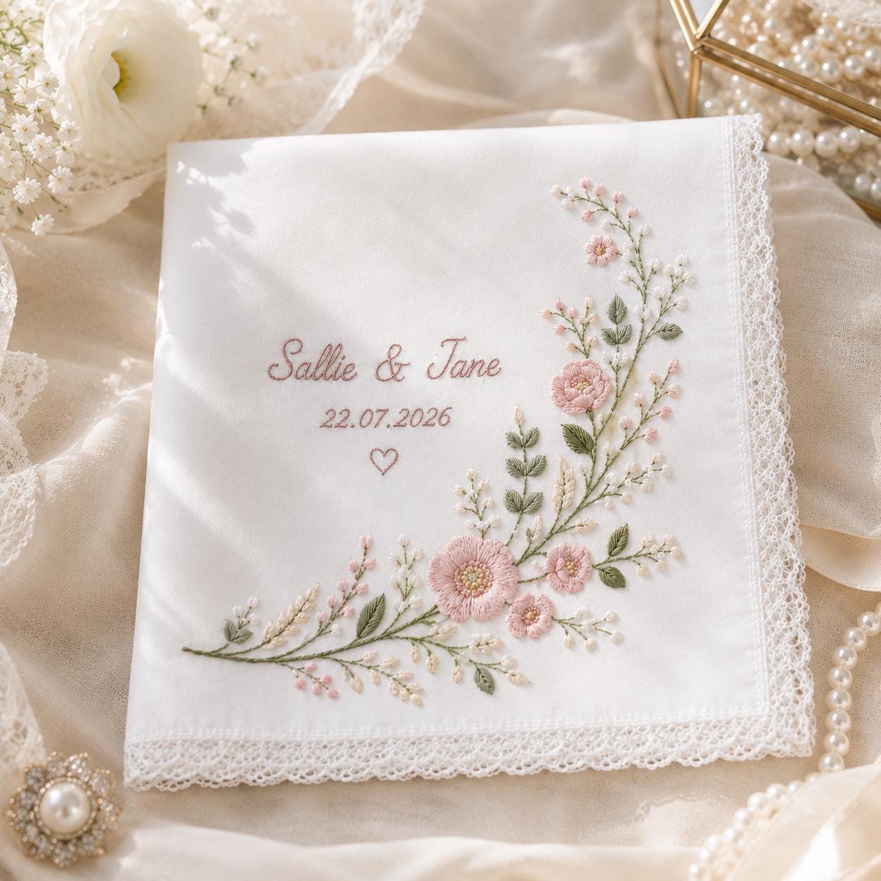 Personalized Embroidery Wedding Handkerchief – Floral Monogram Hankie with Custom Bride and Groom Name and Date for Bridal Keepsake Gift
