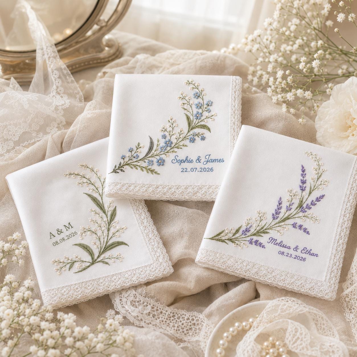 Personalized Embroidery Wedding Handkerchief – Floral Monogram Hankie with Custom Bride and Groom Name and Date for Bridal Keepsake Gift - photo 4