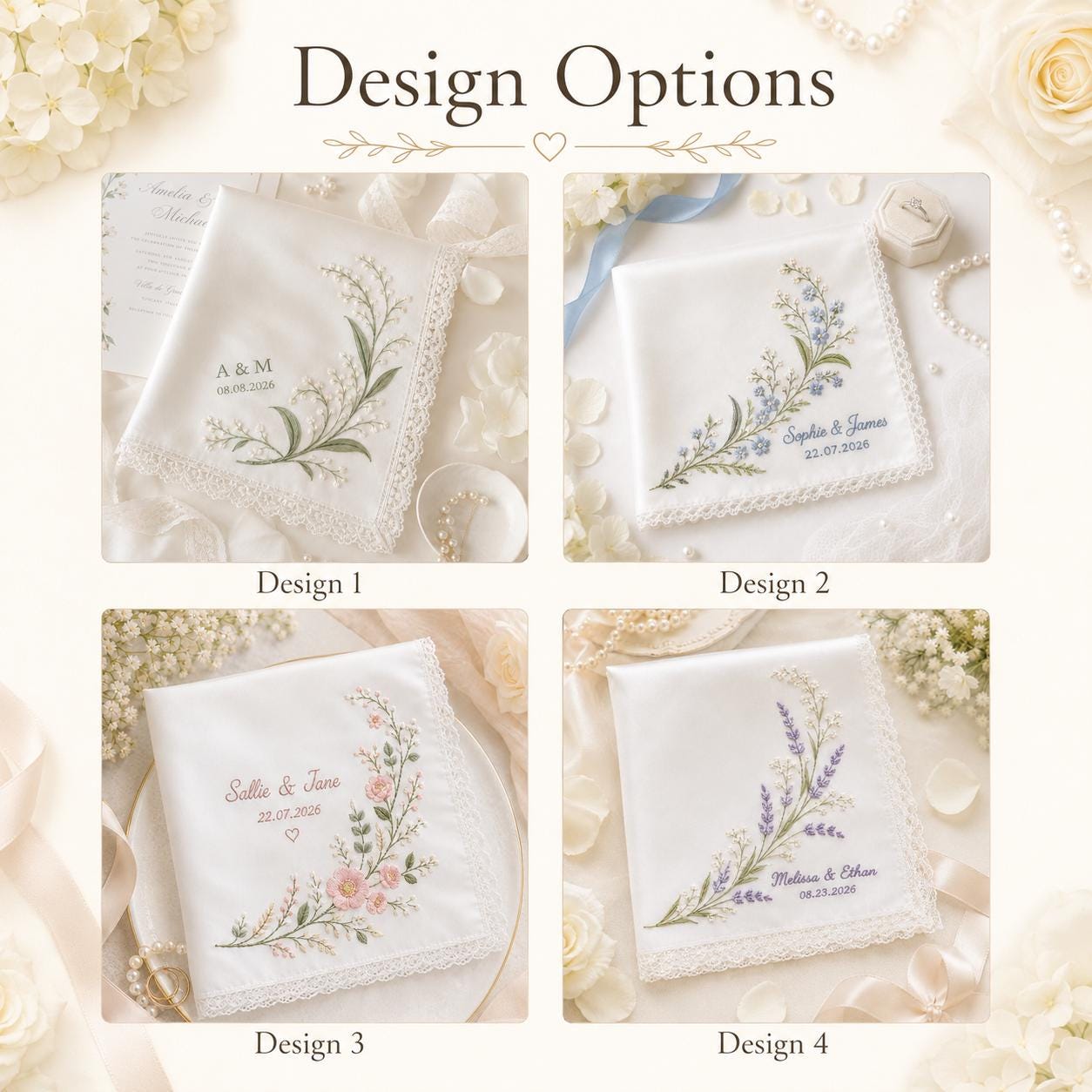Personalized Embroidery Wedding Handkerchief – Floral Monogram Hankie with Custom Bride and Groom Name and Date for Bridal Keepsake Gift - photo 5