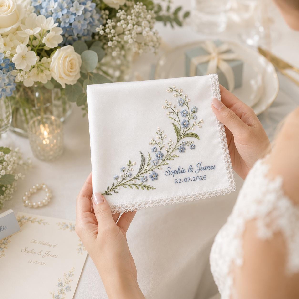 Personalized Embroidery Wedding Handkerchief – Floral Monogram Hankie with Custom Bride and Groom Name and Date for Bridal Keepsake Gift - photo 8
