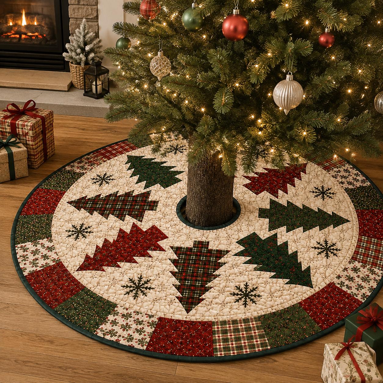 Christmas Tree Patchwork Tree Skirt with Farmhouse Holiday Mat and Quilt Style Base Cover Decor