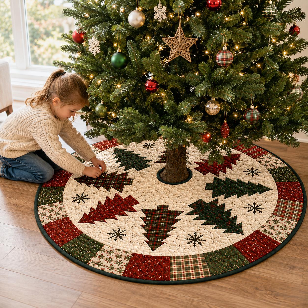 Christmas Tree Patchwork Tree Skirt with Farmhouse Holiday Mat and Quilt Style Base Cover Decor - photo 2
