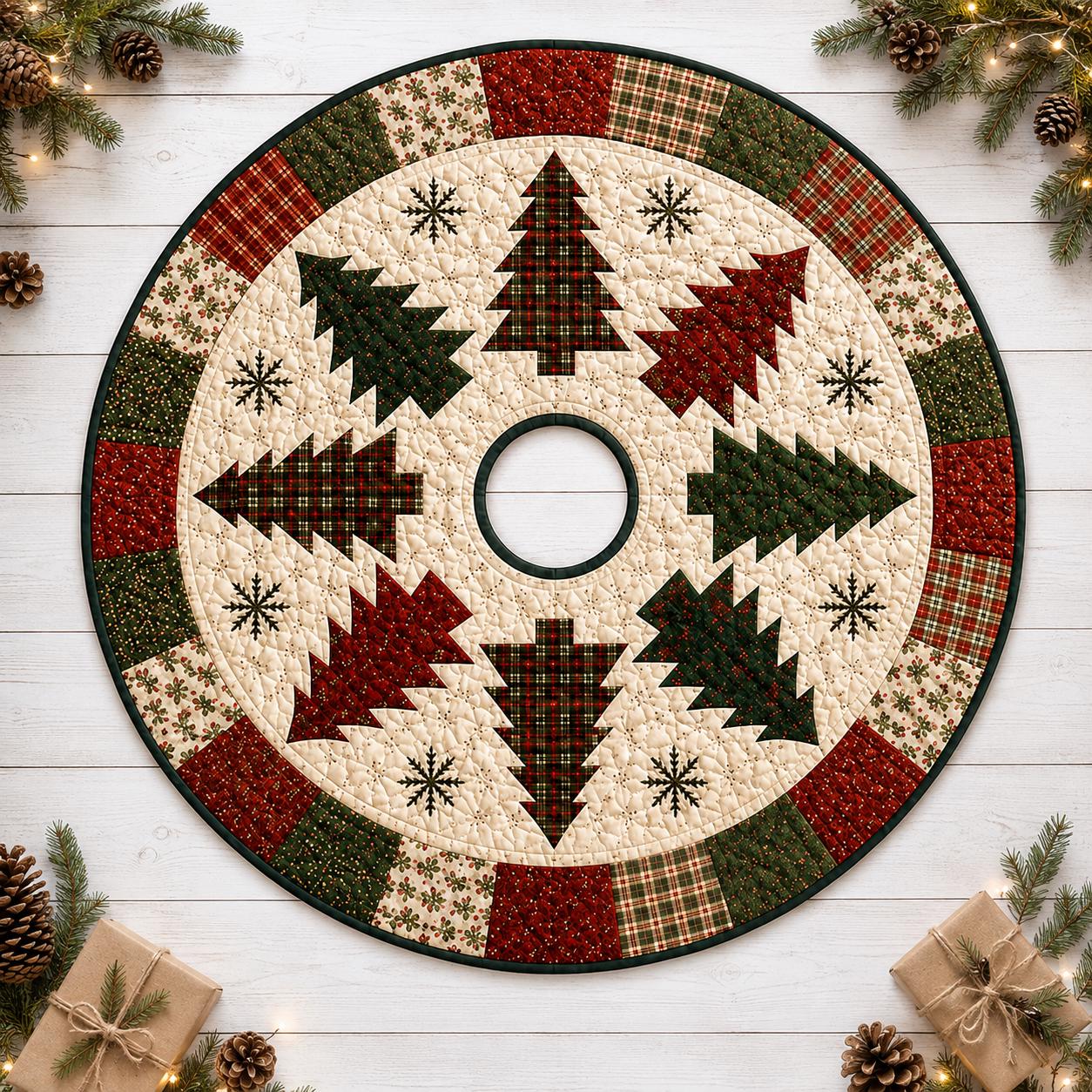 Christmas Tree Patchwork Tree Skirt with Farmhouse Holiday Mat and Quilt Style Base Cover Decor - photo 3