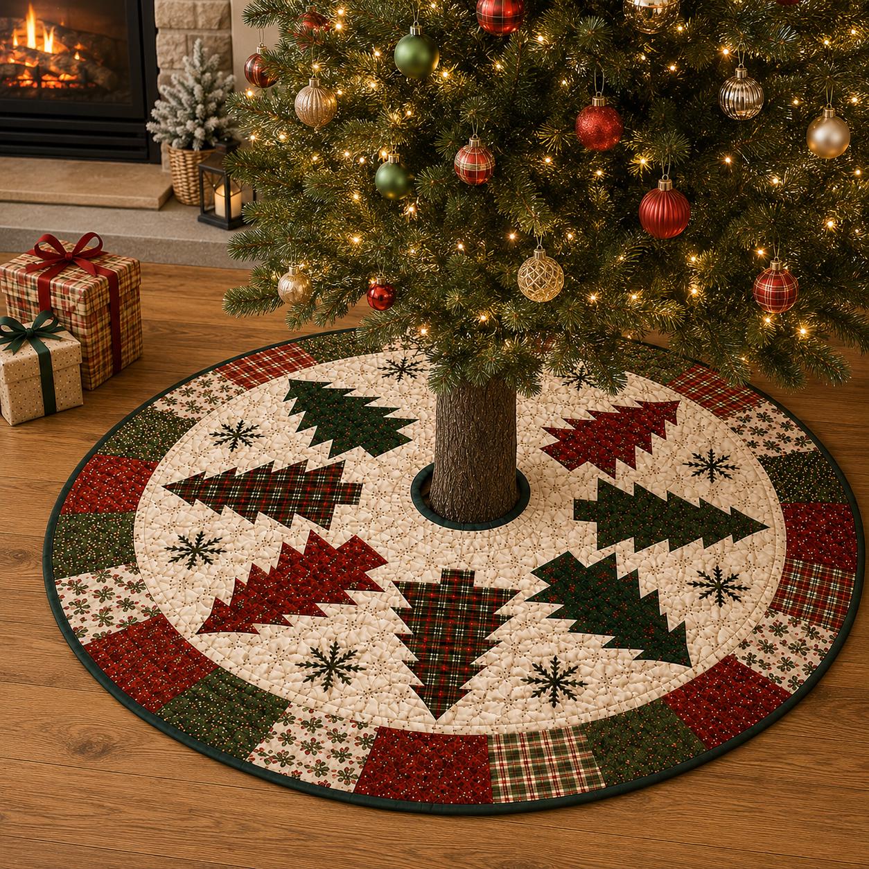 Christmas Tree Patchwork Tree Skirt with Farmhouse Holiday Mat and Quilt Style Base Cover Decor - photo 4