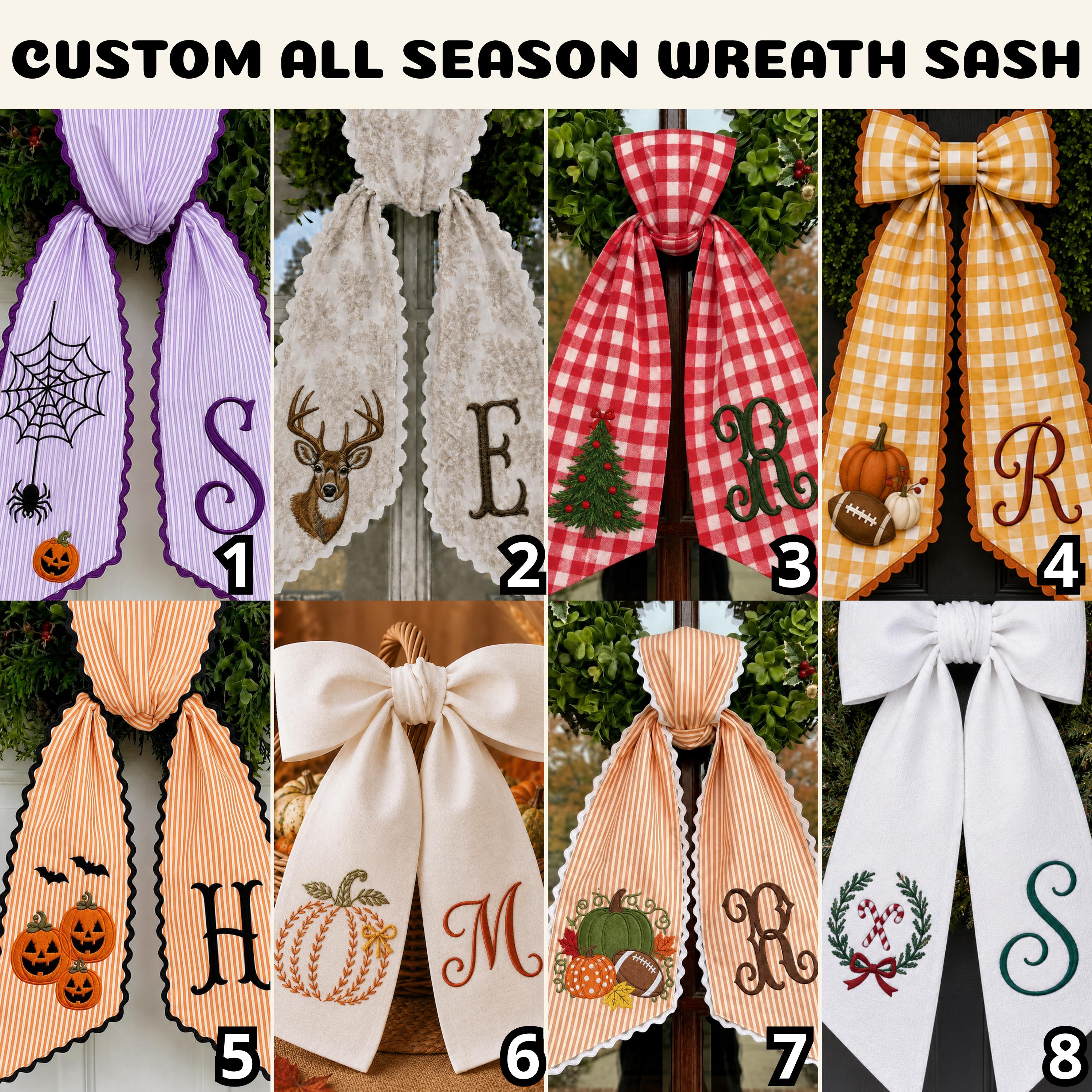 Personalized Embroidery Monogram Wreath Sash Bundle – All Season Fall Halloween Christmas And Seasonal Sports Front Door Decor