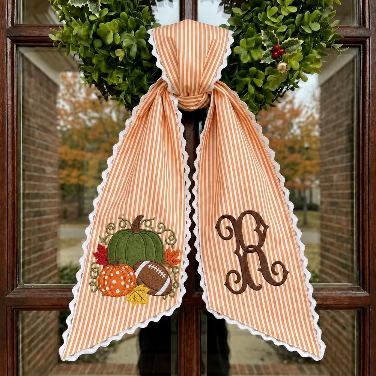 Personalized Embroidery Monogram Wreath Sash Bundle – All Season Fall Halloween Christmas And Seasonal Sports Front Door Decor - photo 2