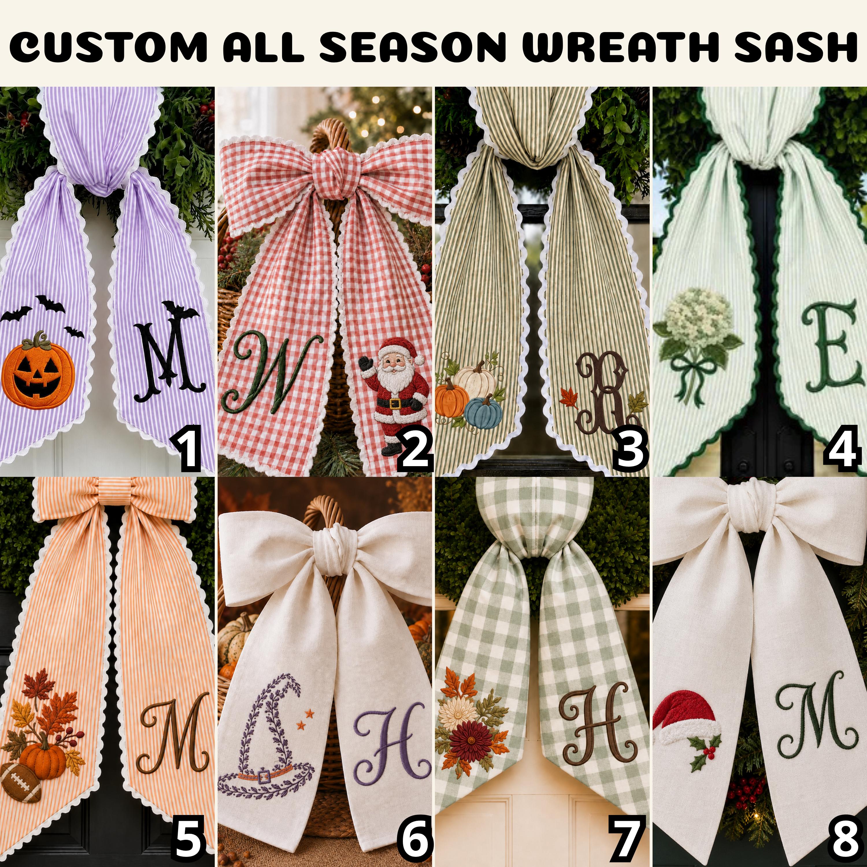 Custom Personalized Embroidery Monogram Wreath Sash – All Season Fall Football Halloween Christmas And Floral Front Door Bow Decor