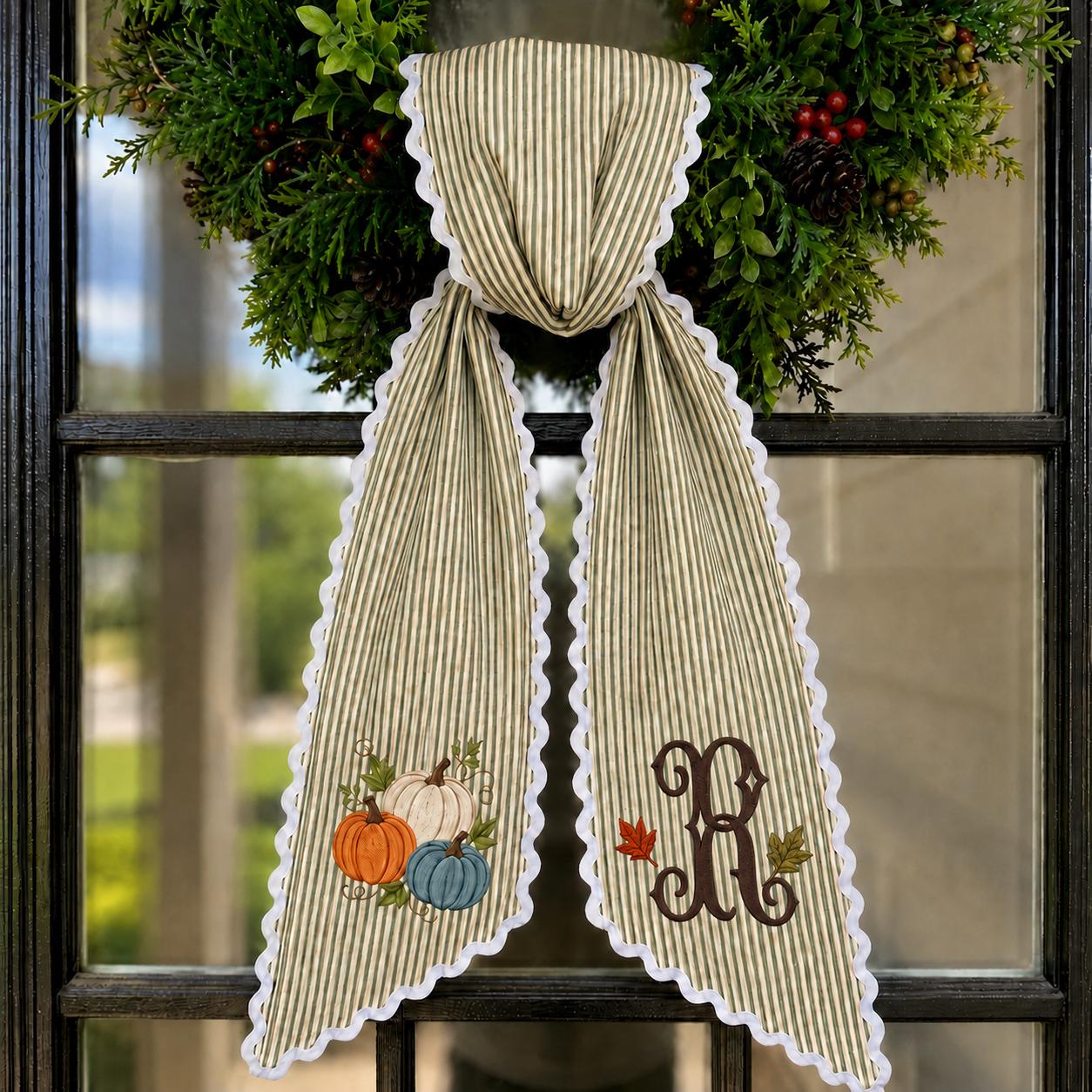 Custom Personalized Embroidery Monogram Wreath Sash – All Season Fall Football Halloween Christmas And Floral Front Door Bow Decor - photo 9