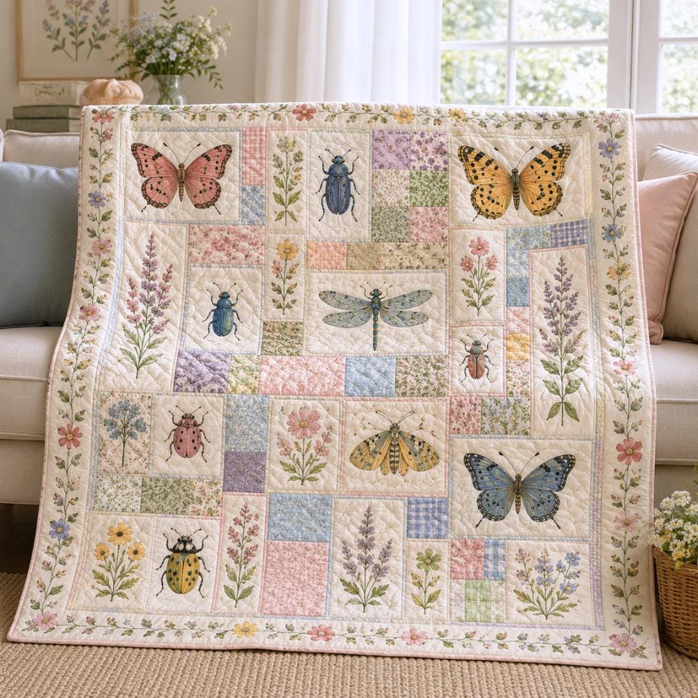 Butterfly Floral Quilt Blanket with Boho Botanical Insect Throw, Patchwork Garden Bug Bedding, and Nature Lover Gift - photo 2