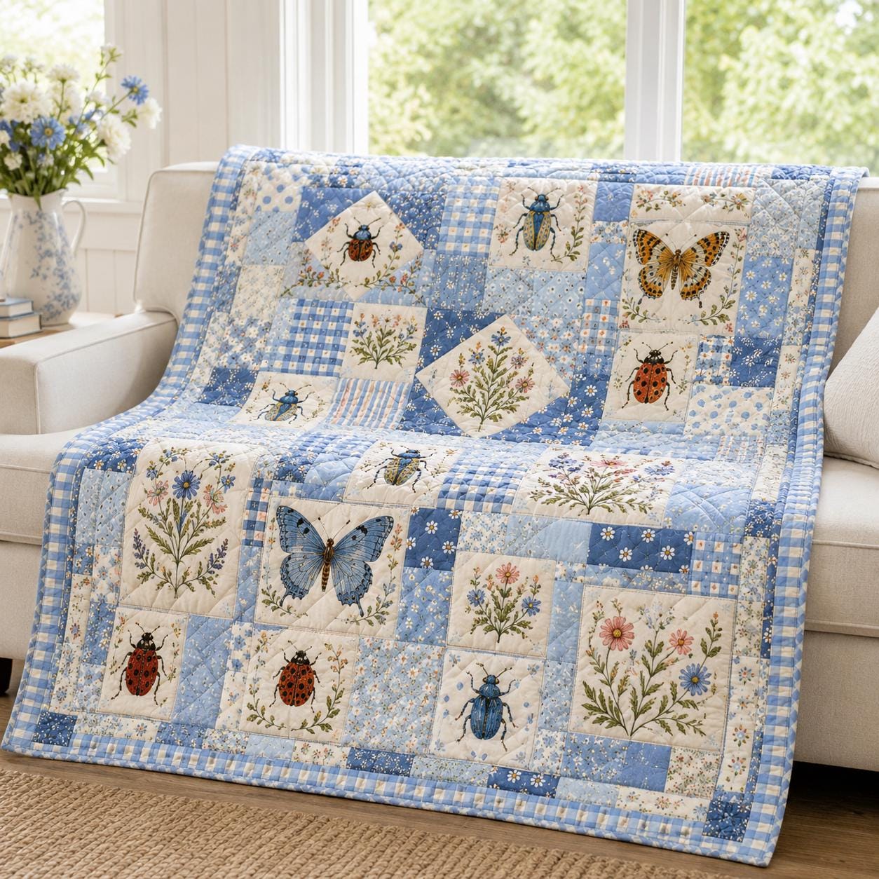 Butterfly Floral Quilt Blanket with Boho Botanical Insect Throw, Patchwork Garden Bug Bedding, and Nature Lover Gift - photo 4