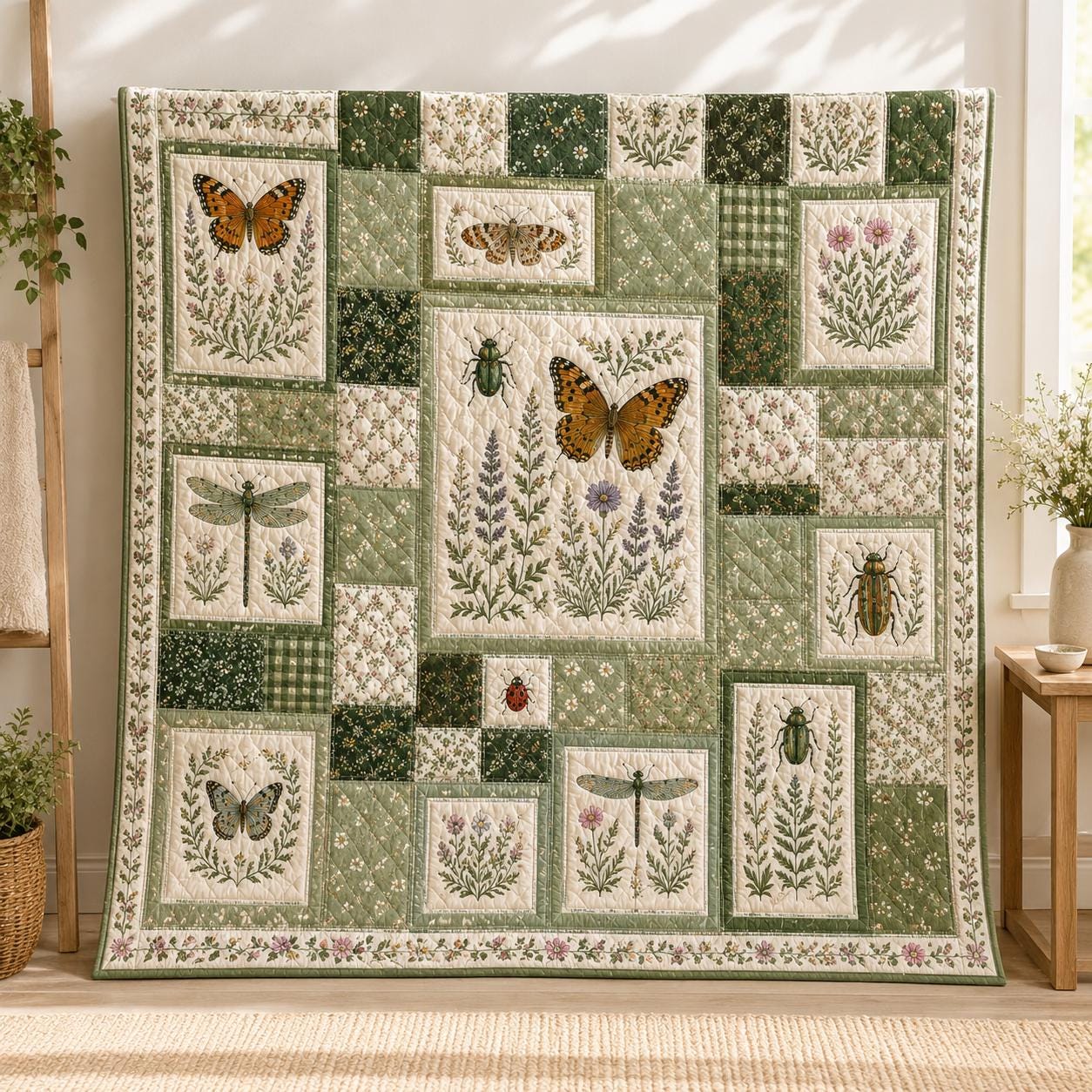 Butterfly Floral Quilt Blanket with Boho Botanical Insect Throw, Patchwork Garden Bug Bedding, and Nature Lover Gift - photo 7