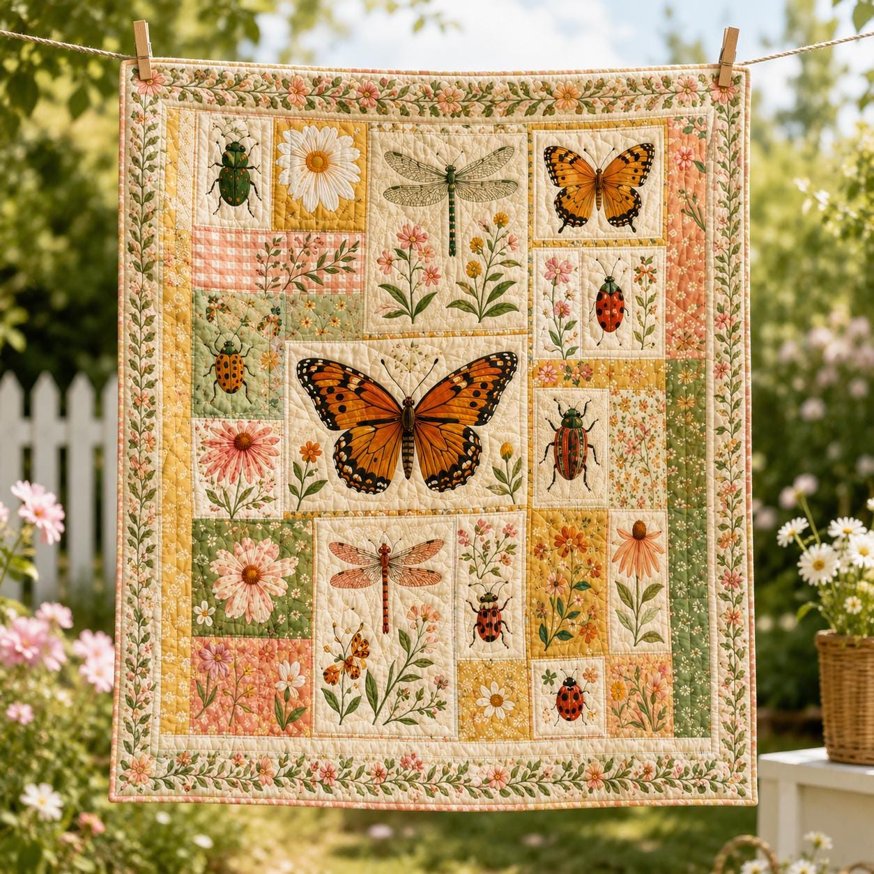 Butterfly Floral Quilt Blanket with Boho Botanical Insect Throw, Patchwork Garden Bug Bedding, and Nature Lover Gift - photo 9