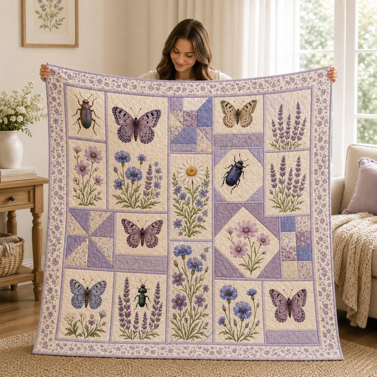 Butterfly Floral Quilt Blanket with Boho Botanical Insect Throw, Patchwork Garden Bug Bedding, and Nature Lover Gift - photo 10