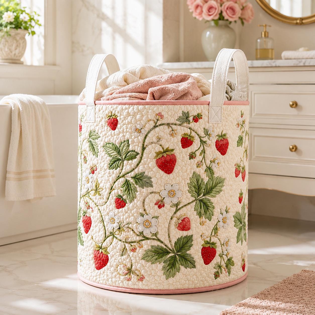 Strawberry Floral Laundry Basket with Cottagecore Storage Bin Nursery Organizer and Fabric Clothes Basket