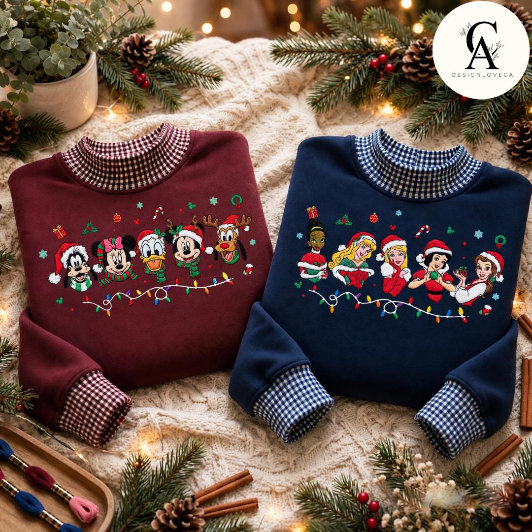 Embroidered Disney Christmas Gingham Mock Neck Sweatshirt with Mickey and Friends Disney Princess Holiday Crewneck Sweater - photo 1