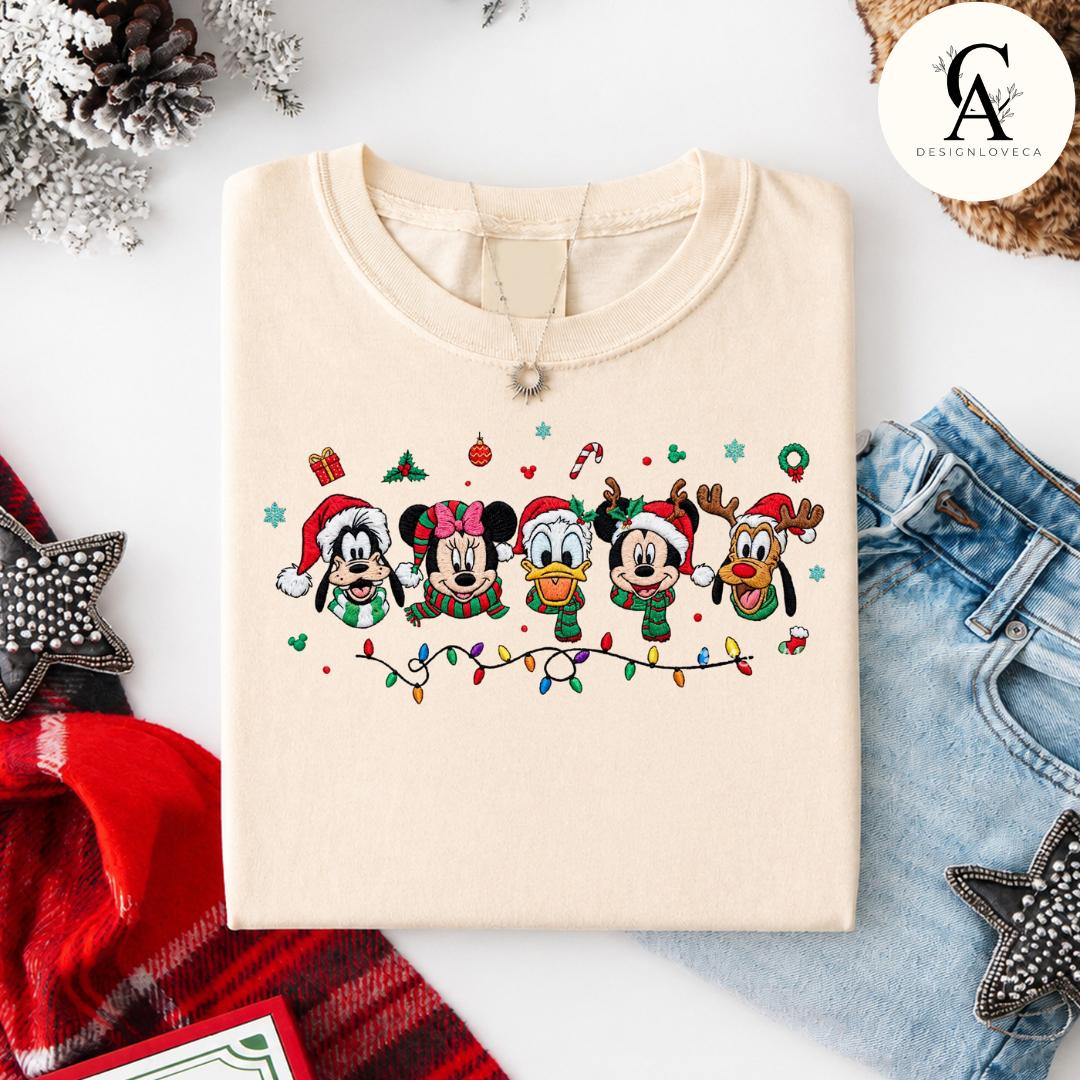 Embroidered Disney Christmas Gingham Mock Neck Sweatshirt with Mickey and Friends Disney Princess Holiday Crewneck Sweater - photo 2