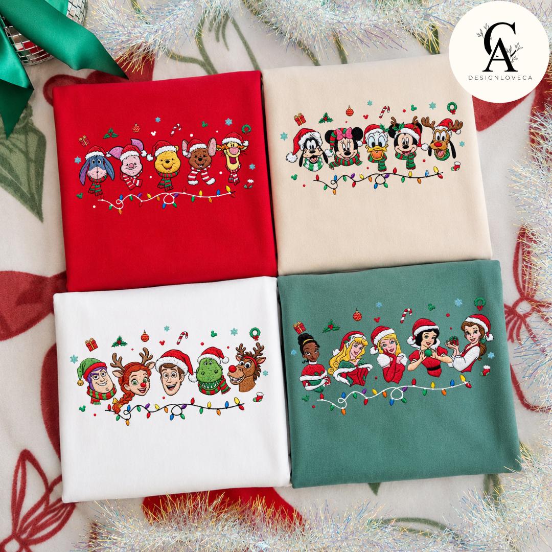 Embroidered Disney Christmas Gingham Mock Neck Sweatshirt with Mickey and Friends Disney Princess Holiday Crewneck Sweater - photo 3