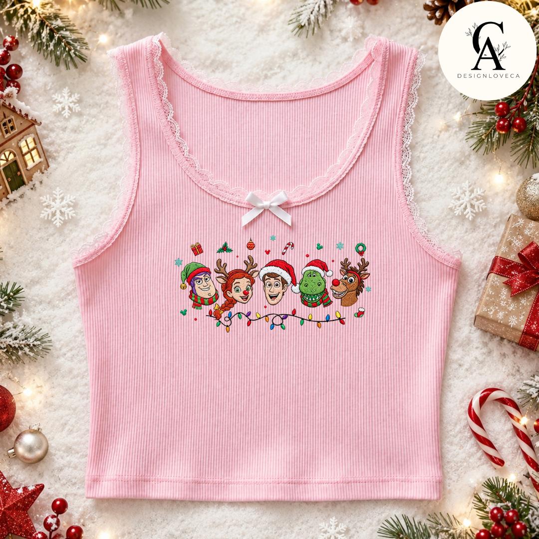 Embroidered Disney Christmas Gingham Mock Neck Sweatshirt with Mickey and Friends Disney Princess Holiday Crewneck Sweater - photo 4