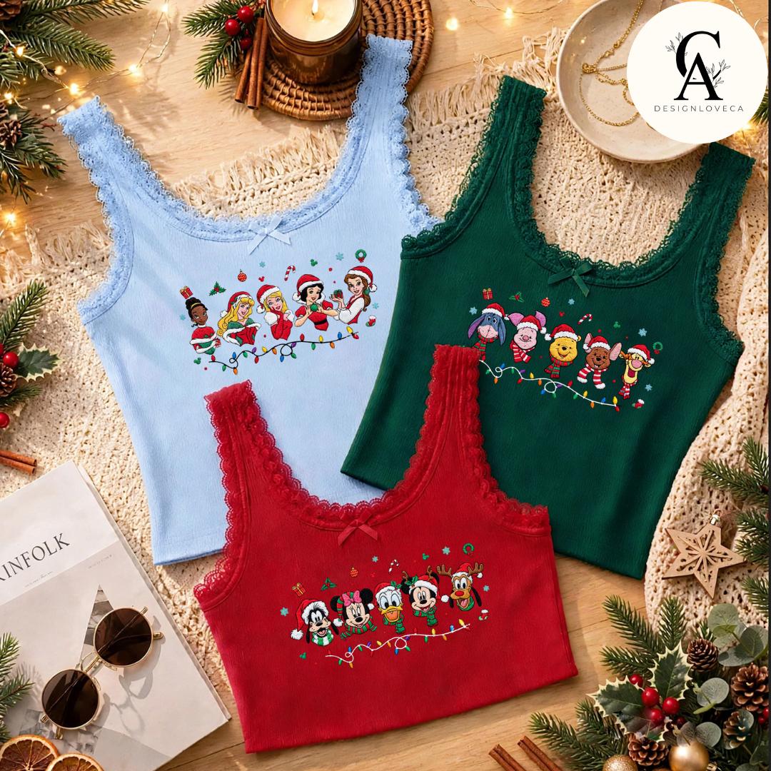 Embroidered Disney Christmas Gingham Mock Neck Sweatshirt with Mickey and Friends Disney Princess Holiday Crewneck Sweater - photo 5