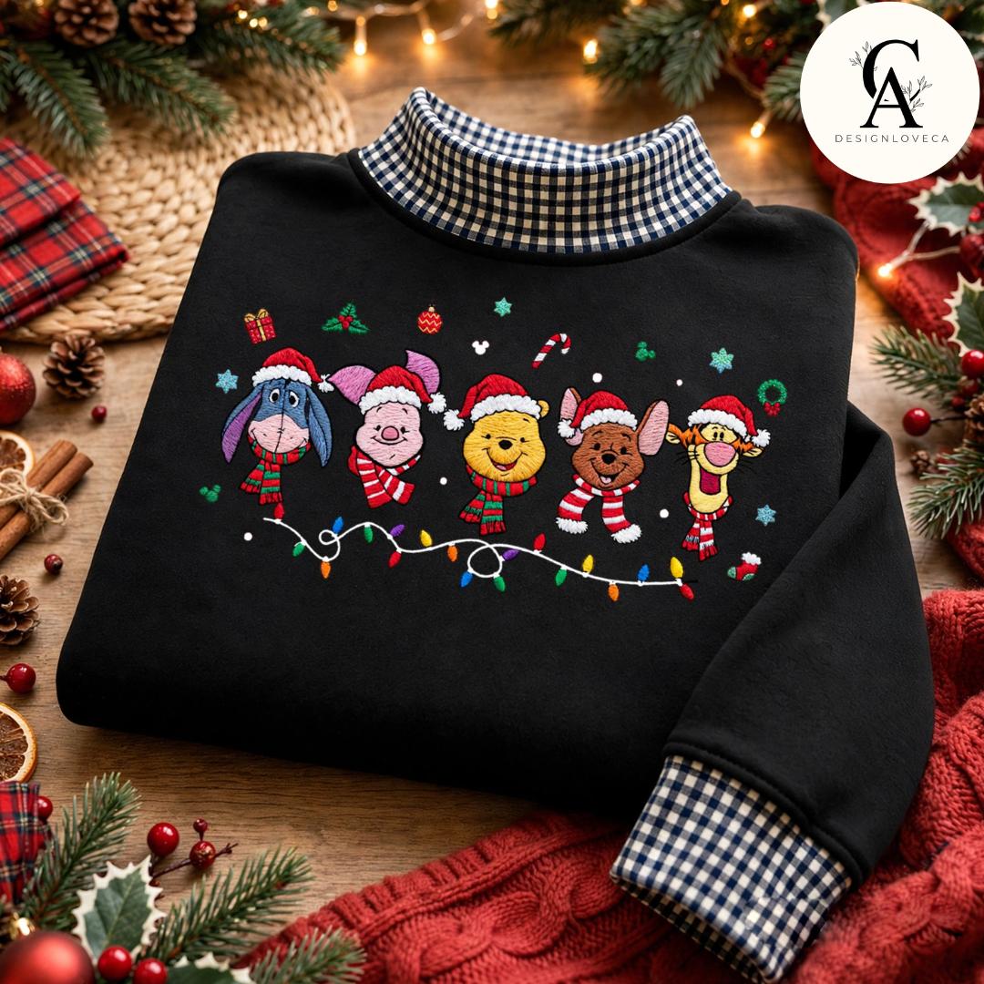 Embroidered Disney Christmas Gingham Mock Neck Sweatshirt with Mickey and Friends Disney Princess Holiday Crewneck Sweater - photo 6