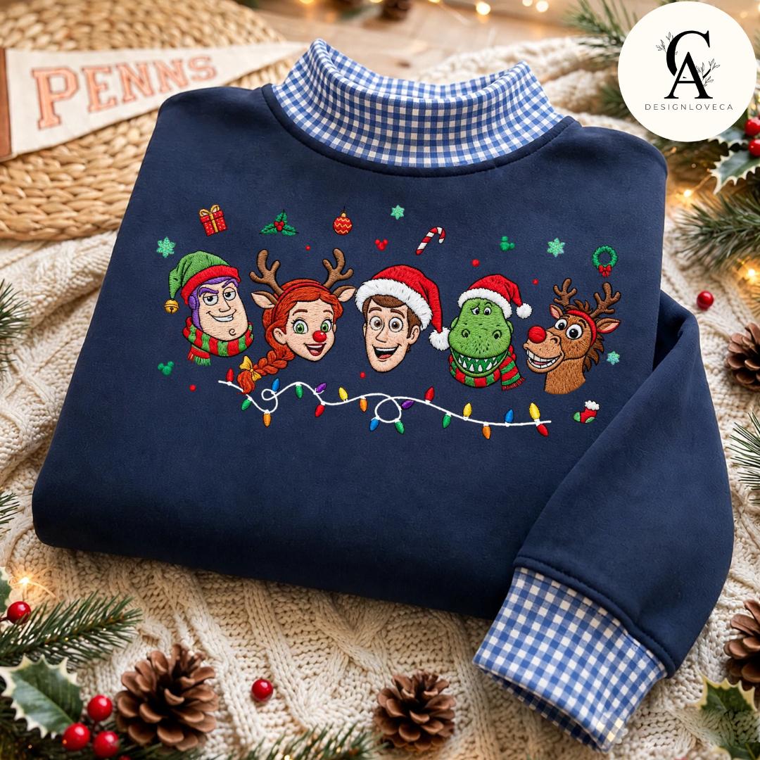 Embroidered Disney Christmas Gingham Mock Neck Sweatshirt with Mickey and Friends Disney Princess Holiday Crewneck Sweater - photo 7