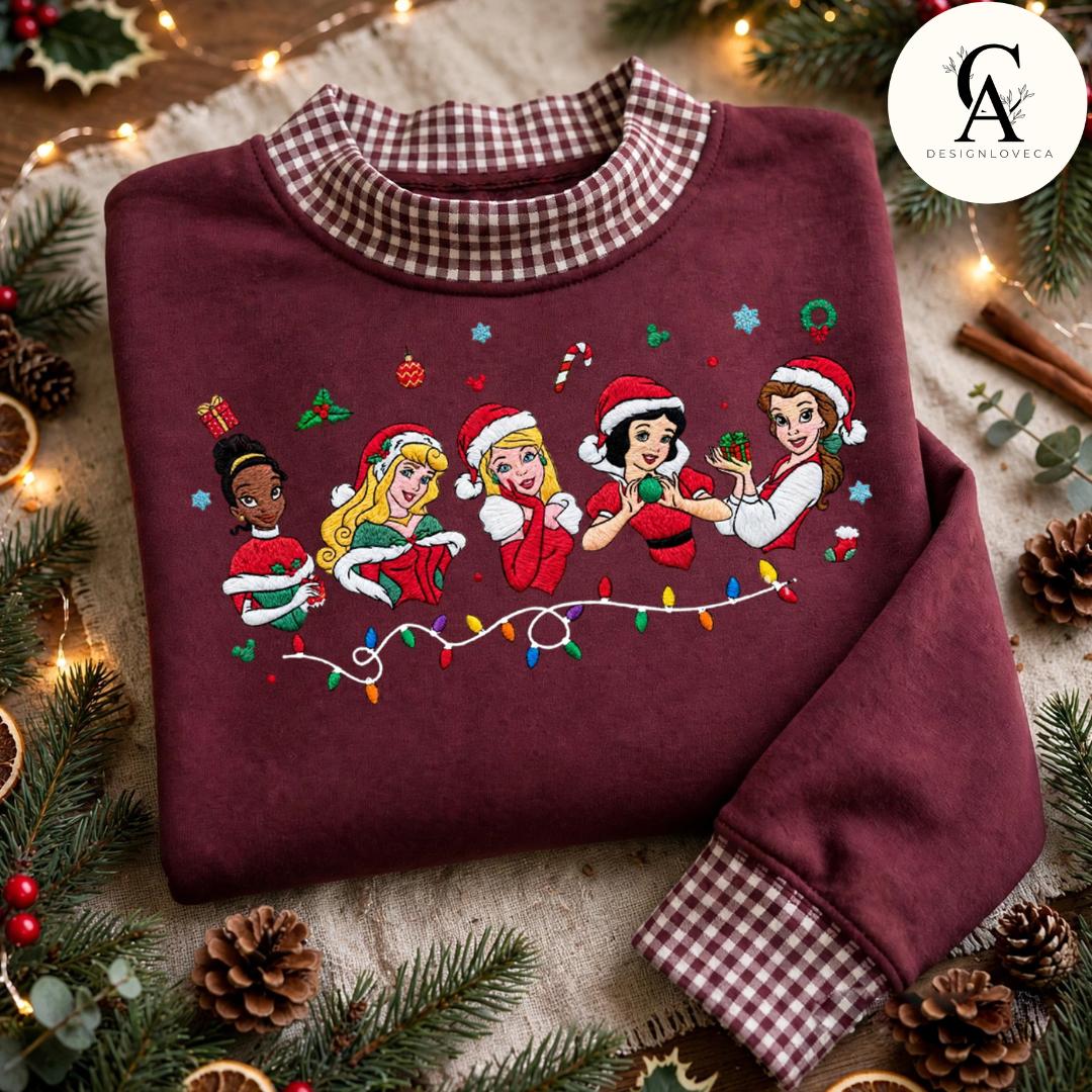 Embroidered Disney Christmas Gingham Mock Neck Sweatshirt with Mickey and Friends Disney Princess Holiday Crewneck Sweater - photo 8