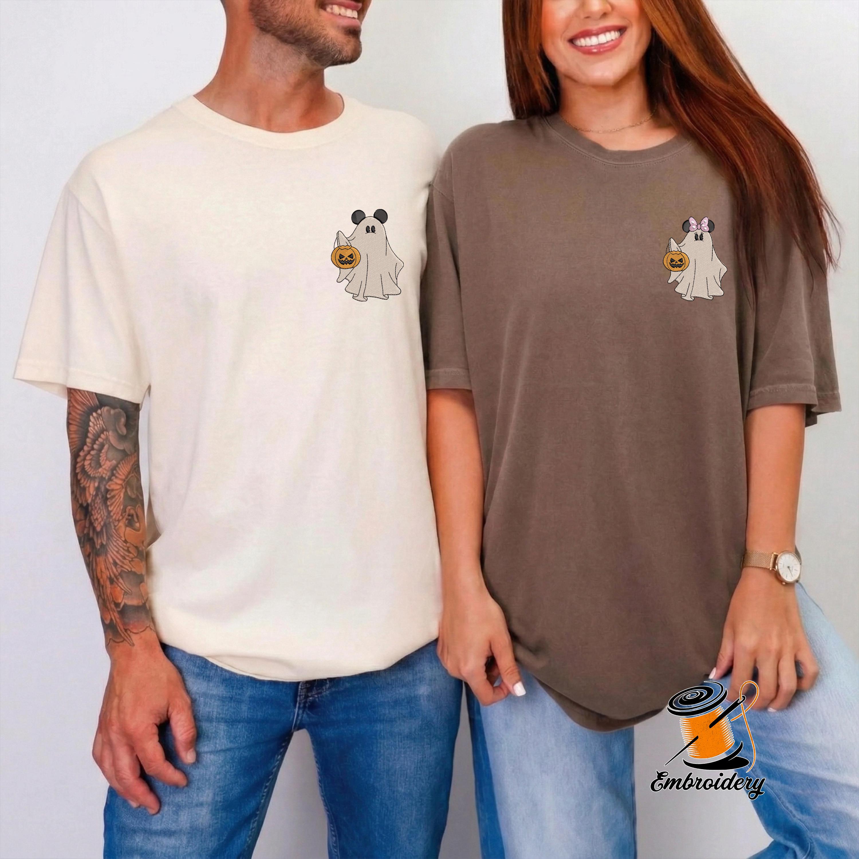 Embroidered Disney Halloween Couple Shirts with Matching Mickey and Minnie Ghost Tee Embroidery Design