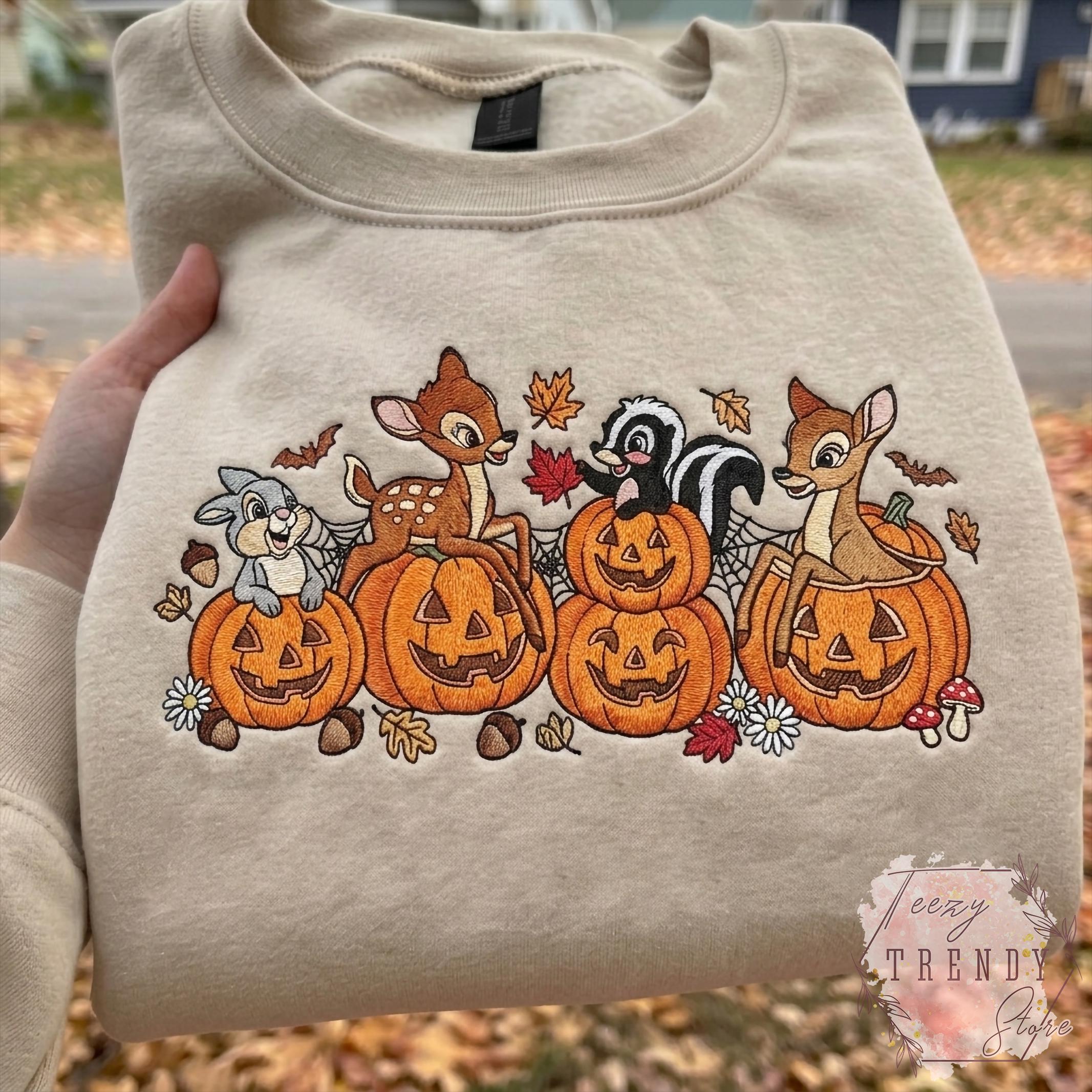 Embroidered Bambi Halloween Sweatshirt with Thumper Flower and Faline – Cute Disney Pumpkin Fall Spooky Cozy Outfit T-Shirt