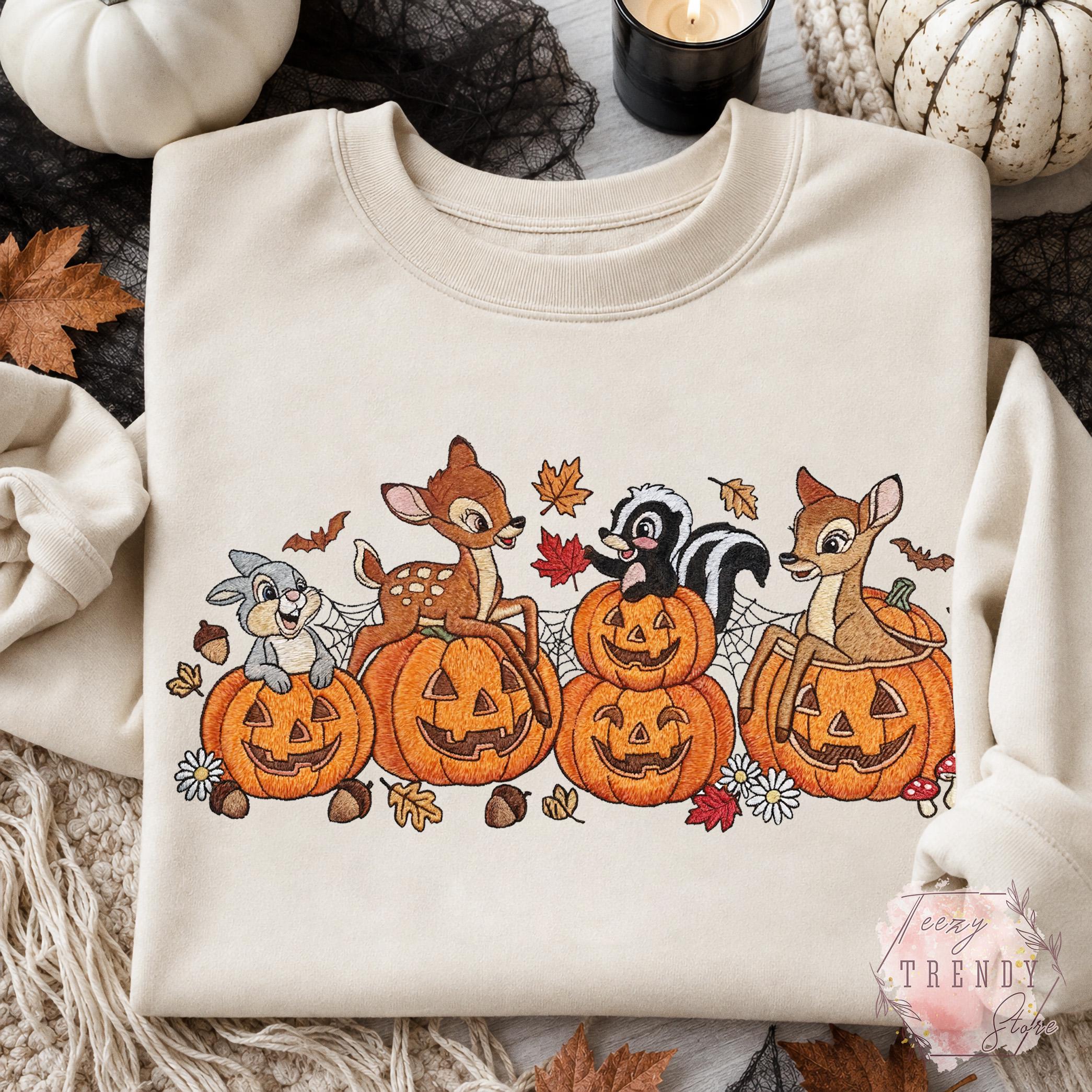 Embroidered Bambi Halloween Sweatshirt with Thumper Flower and Faline – Cute Disney Pumpkin Fall Spooky Cozy Outfit T-Shirt - photo 2