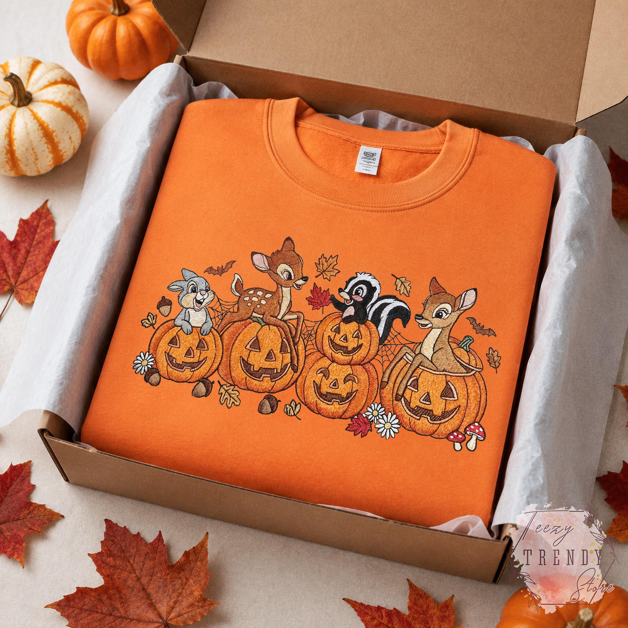 Embroidered Bambi Halloween Sweatshirt with Thumper Flower and Faline – Cute Disney Pumpkin Fall Spooky Cozy Outfit T-Shirt - photo 3