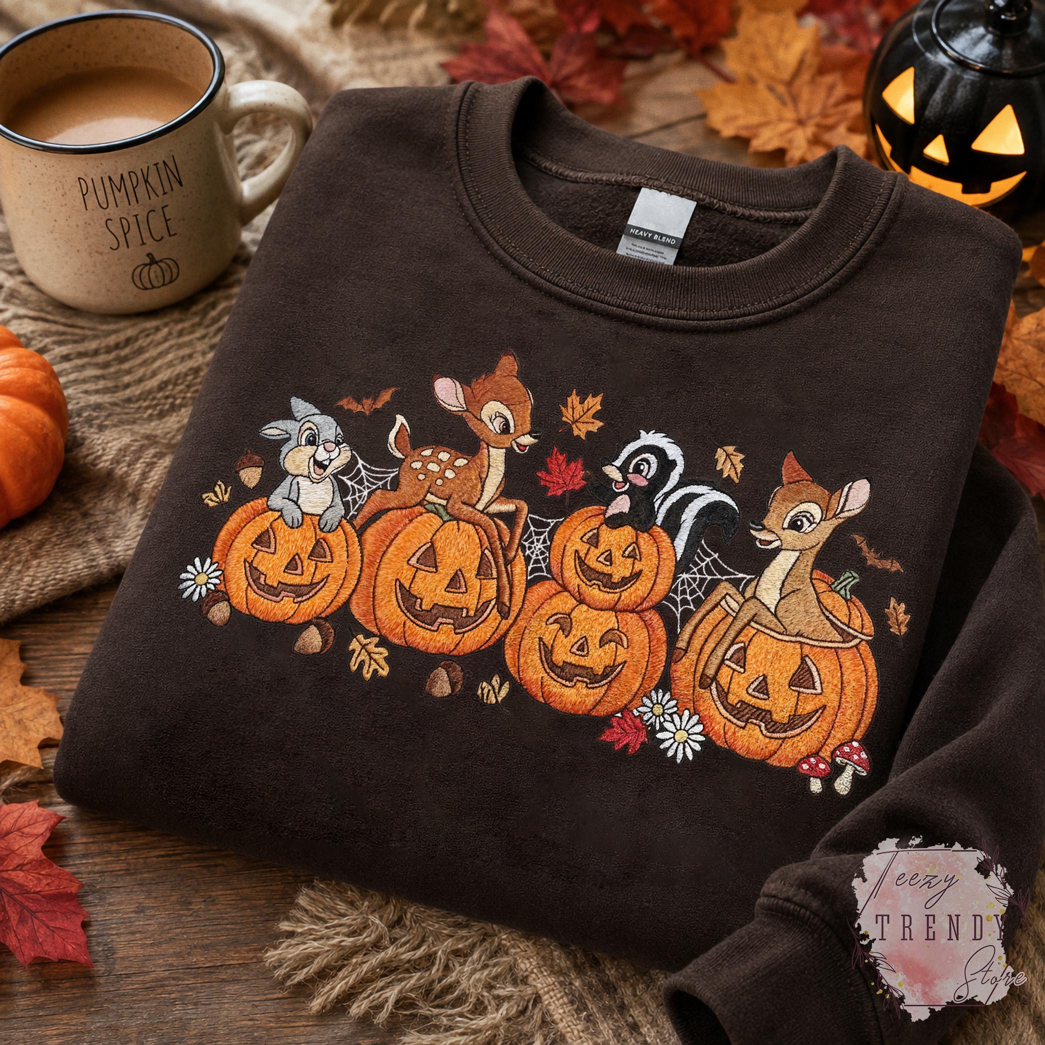 Embroidered Bambi Halloween Sweatshirt with Thumper Flower and Faline – Cute Disney Pumpkin Fall Spooky Cozy Outfit T-Shirt - photo 4
