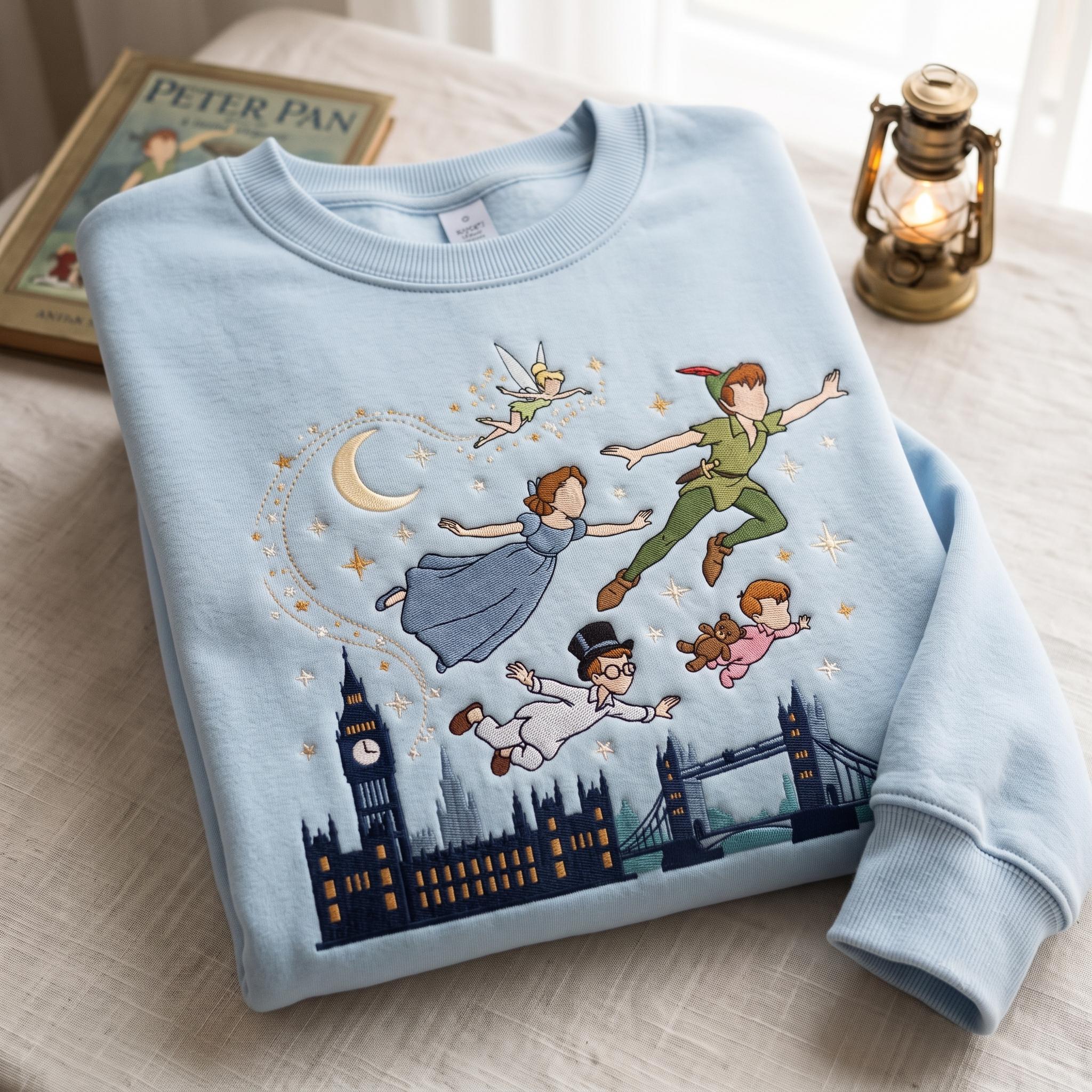 Embroidered Neverland Flight Adventure Sweatshirt Tee with Peter Pan Tinker Bell Wendy John Michael for Disney Family Trip Vacation Crewneck