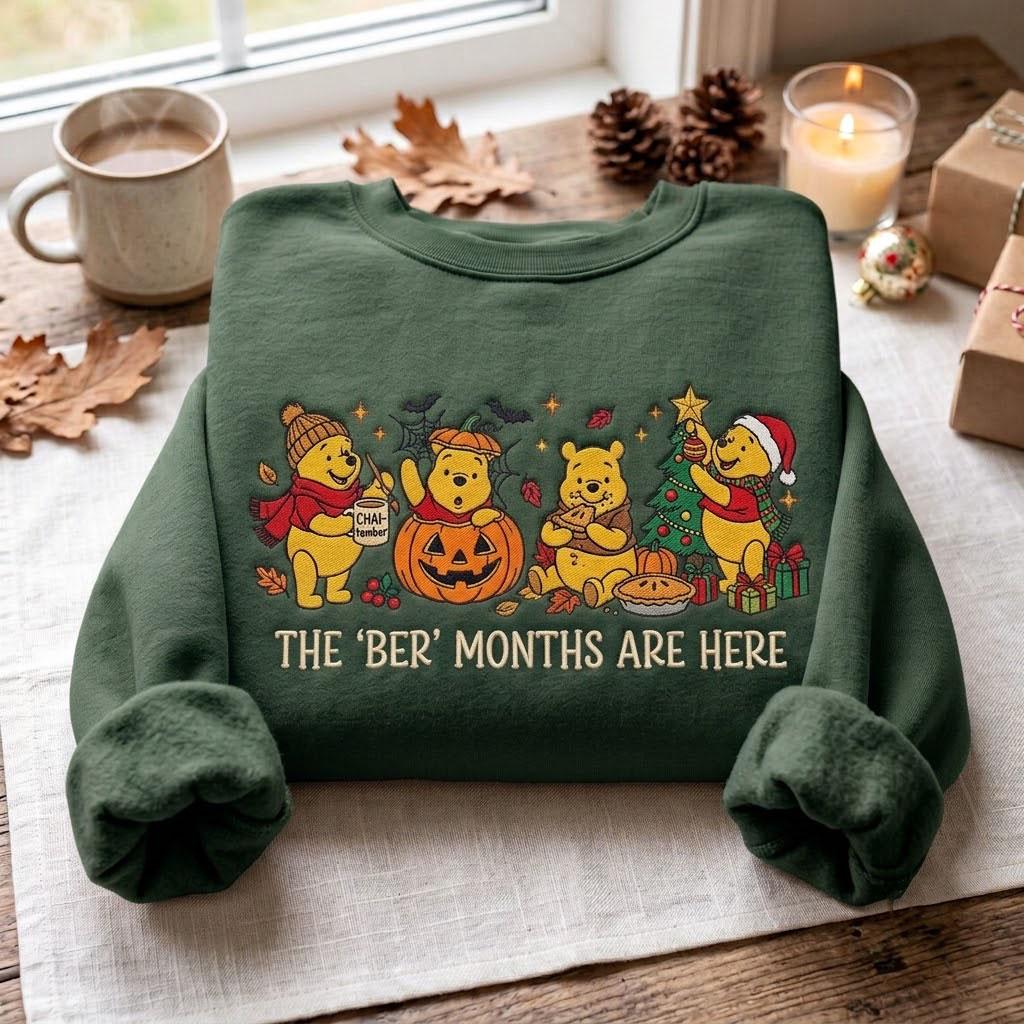 Embroidered Pooh Bear Ber Months Sweatshirt – Winnie the Pooh Halloween Thanksgiving Christmas Crewneck for Fall Holiday Season Gift