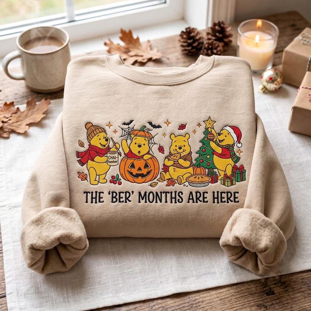Embroidered Pooh Bear Ber Months Sweatshirt – Winnie the Pooh Halloween Thanksgiving Christmas Crewneck for Fall Holiday Season Gift - photo 2