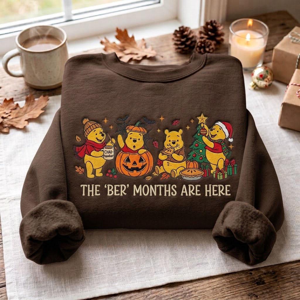 Embroidered Pooh Bear Ber Months Sweatshirt – Winnie the Pooh Halloween Thanksgiving Christmas Crewneck for Fall Holiday Season Gift - photo 3
