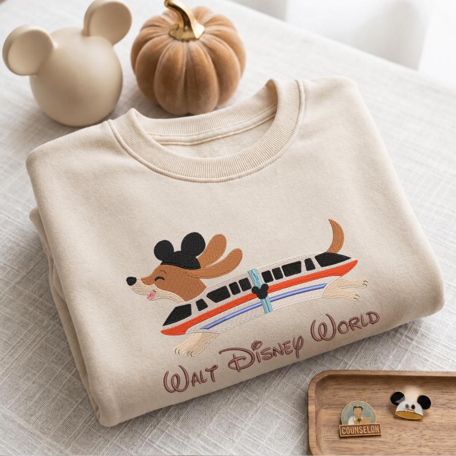 Embroidered Disney Monorail Dachshund Mickey Sweatshirt – Magical Land Disney World Vacation Tee and Theme Park Apparel for Doxie Lover Gift