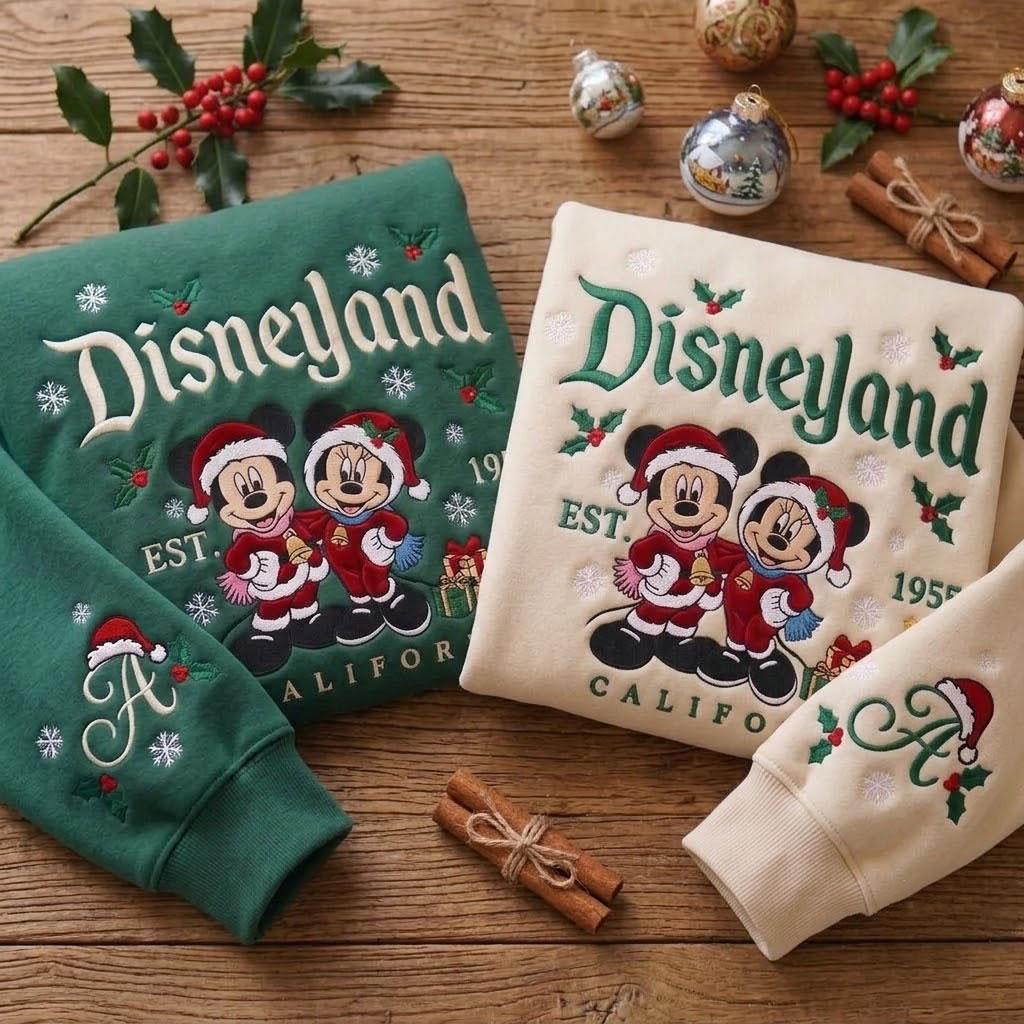 Embroidered Disneyland Christmas Sweatshirt with Mickey and Minnie Holiday Crewneck – Vintage Disney Shirt for California Vacation Gift