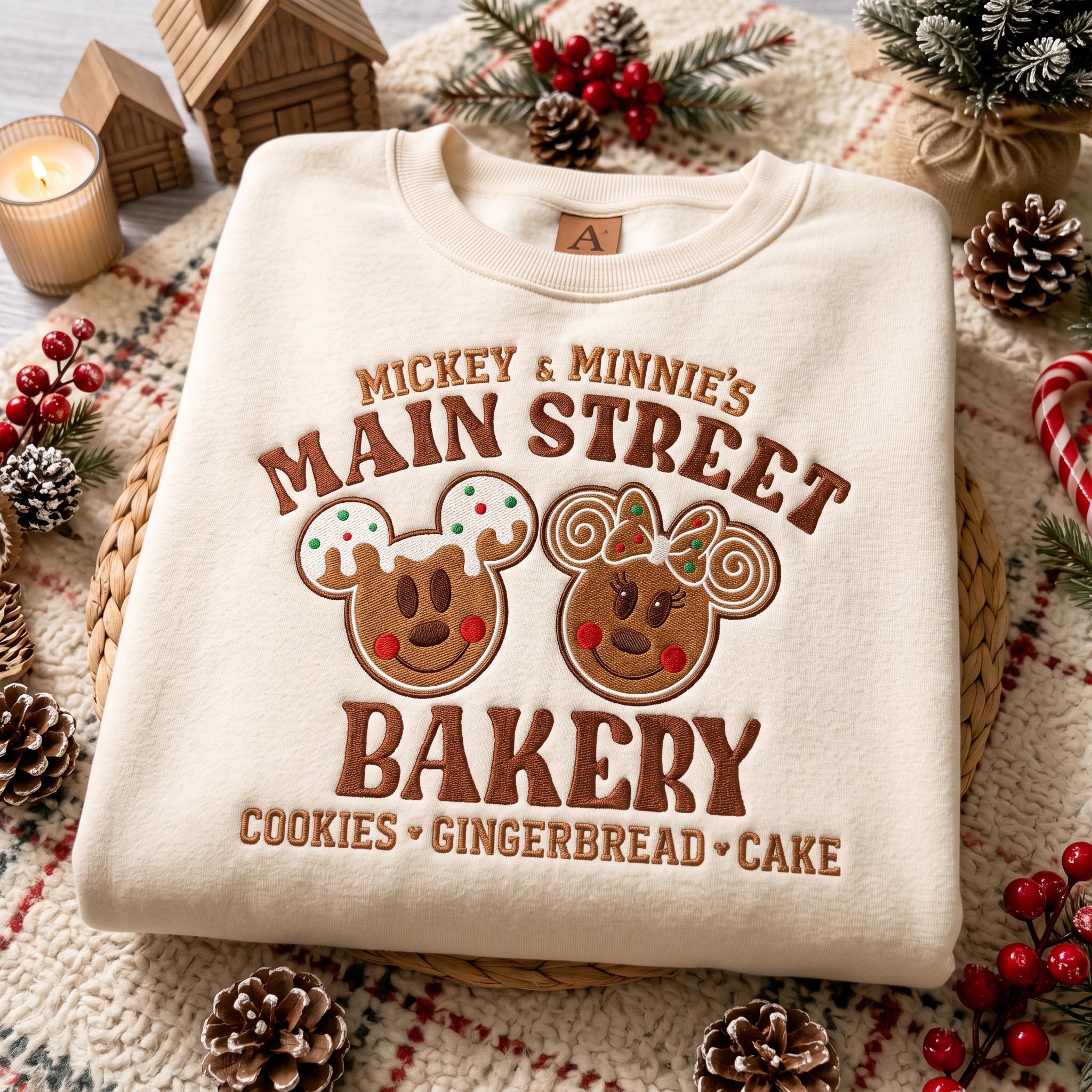 Embroidered Mickey and Minnie Gingerbread Main Street Bakery Cookies Disney Christmas Quarter Zip Sweatshirt and Holiday Lace Trim Tank