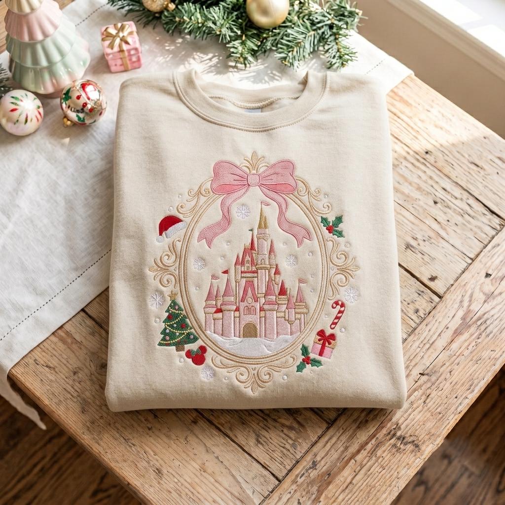 Embroidered Coquette Christmas Castle Crewneck – Magical Disney Holiday Sweatshirt and Vacation Trip Shirt for Cute Festive Gift