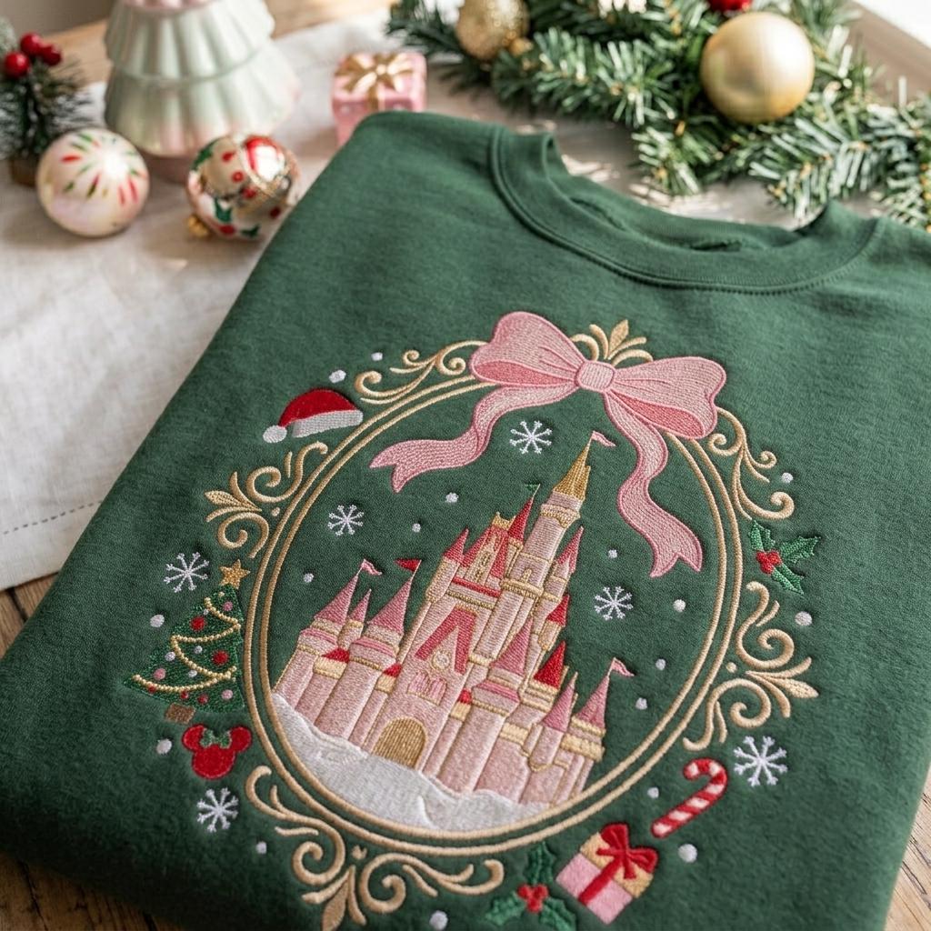 Embroidered Coquette Christmas Castle Crewneck – Magical Disney Holiday Sweatshirt and Vacation Trip Shirt for Cute Festive Gift - photo 2