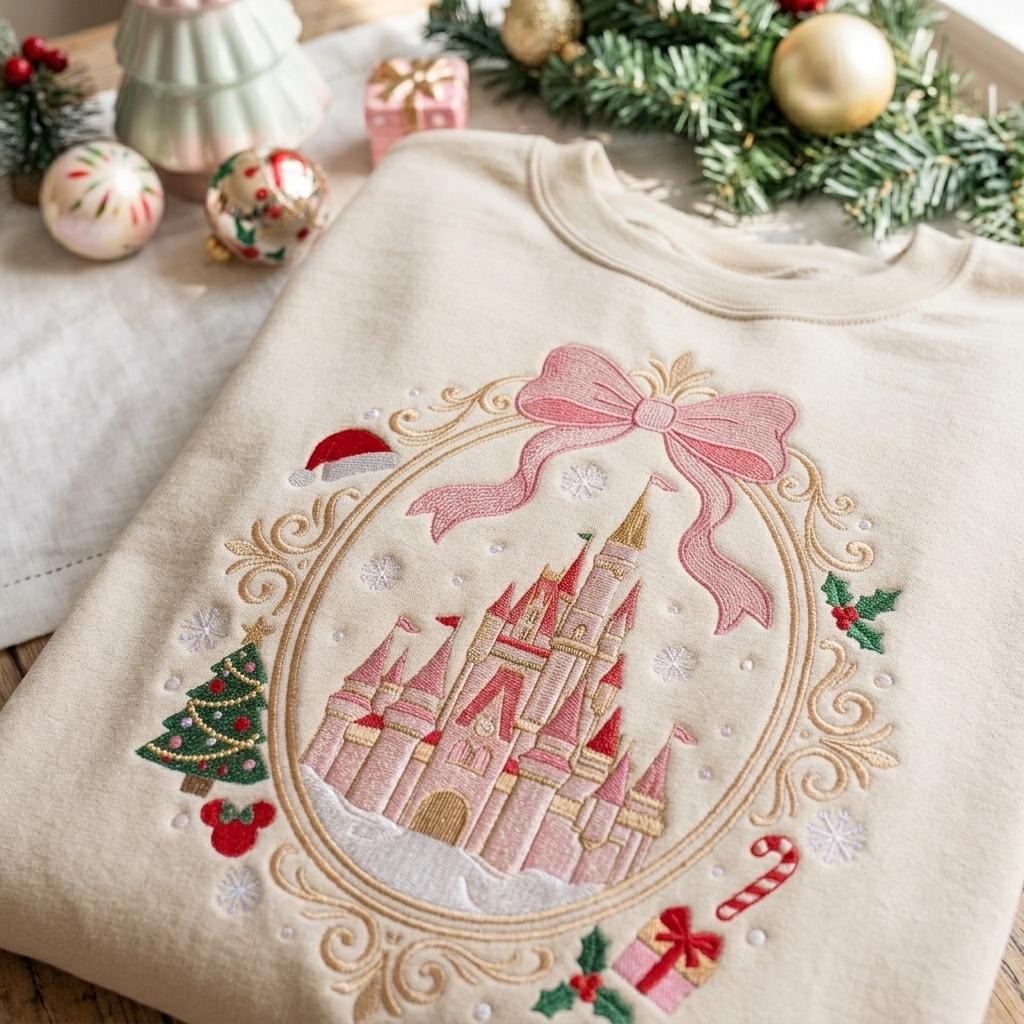 Embroidered Coquette Christmas Castle Crewneck – Magical Disney Holiday Sweatshirt and Vacation Trip Shirt for Cute Festive Gift - photo 3
