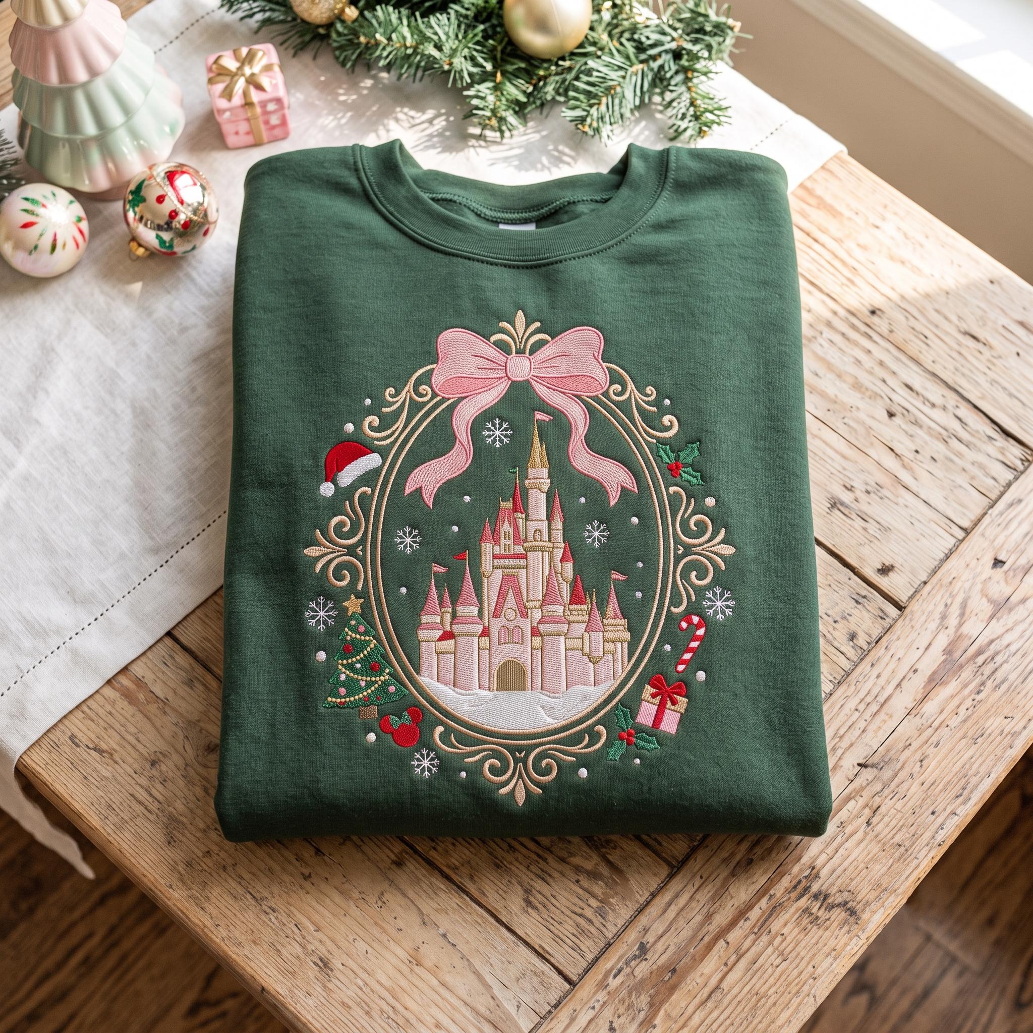 Embroidered Coquette Christmas Castle Crewneck – Magical Disney Holiday Sweatshirt and Vacation Trip Shirt for Cute Festive Gift - photo 4