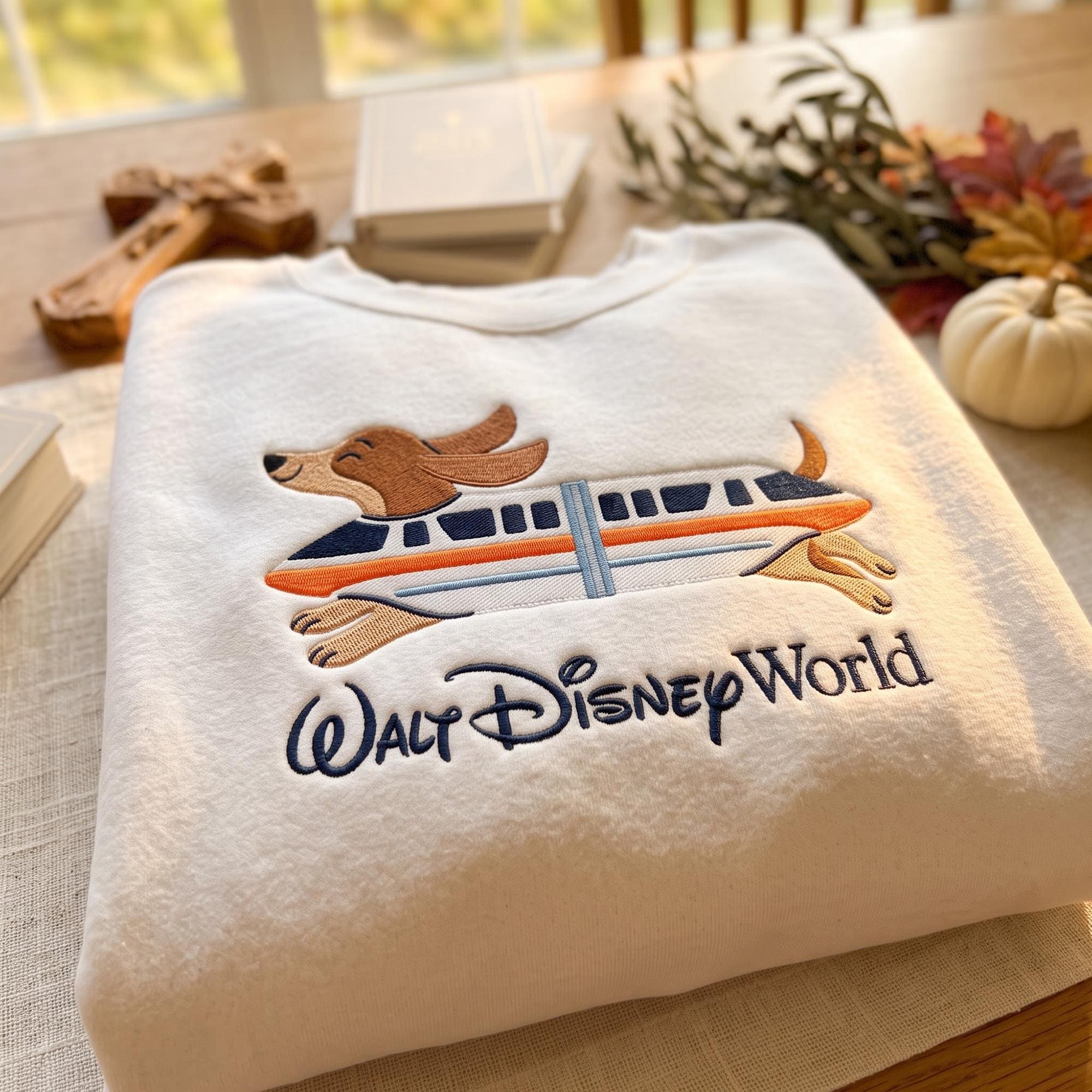 Embroidered Disney Monorail Dachshund Dog Sweatshirt – Walt Disney World Vacation Sweater and Magic Kingdom Graphic Tee for Trip Shirt