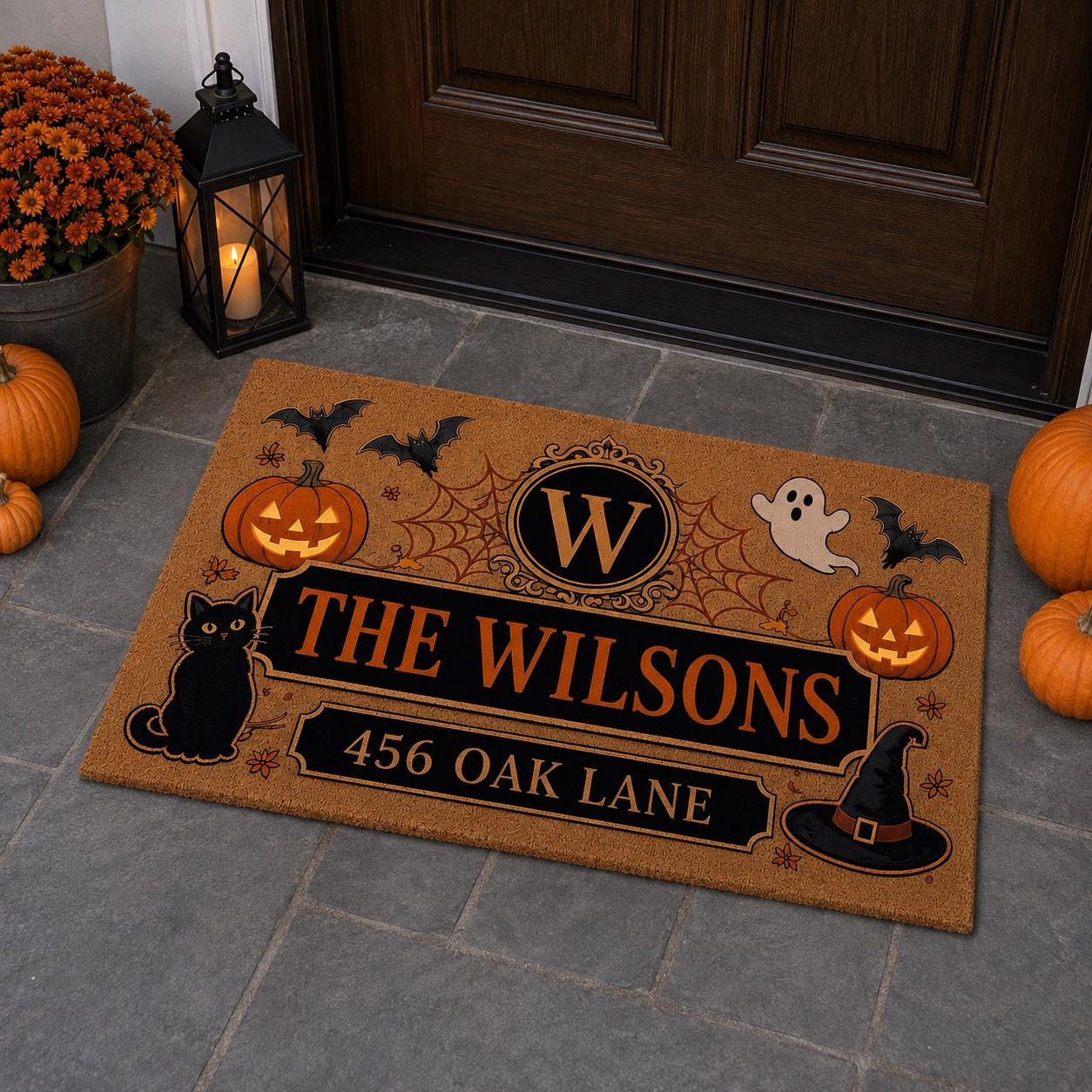 Personalized Custom Family Name Halloween Doormat – Monogram Pumpkin Ghost And Black Cat Spooky Welcome Mat, Front Door Housewarming Gift