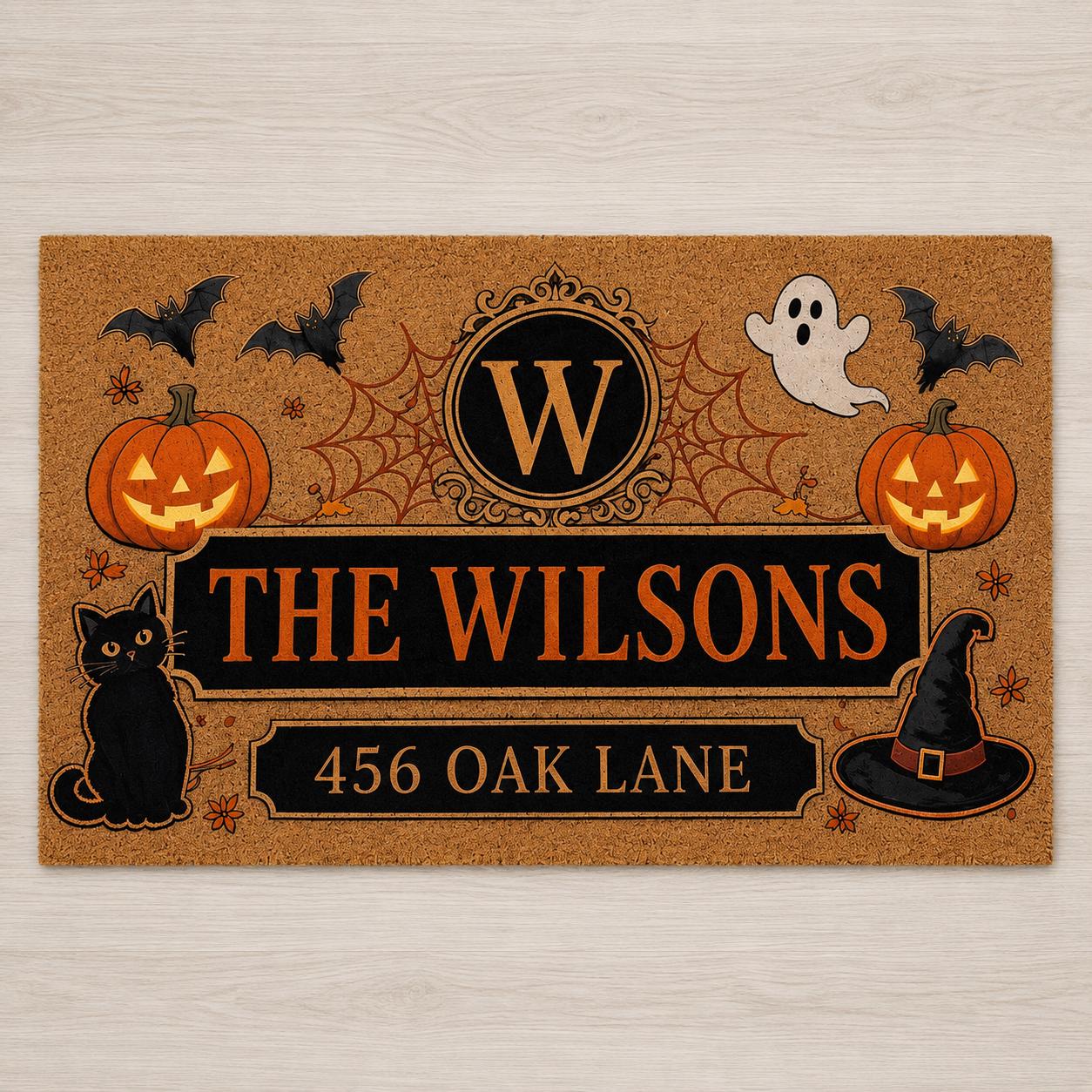 Personalized Custom Family Name Halloween Doormat – Monogram Pumpkin Ghost And Black Cat Spooky Welcome Mat, Front Door Housewarming Gift - photo 2