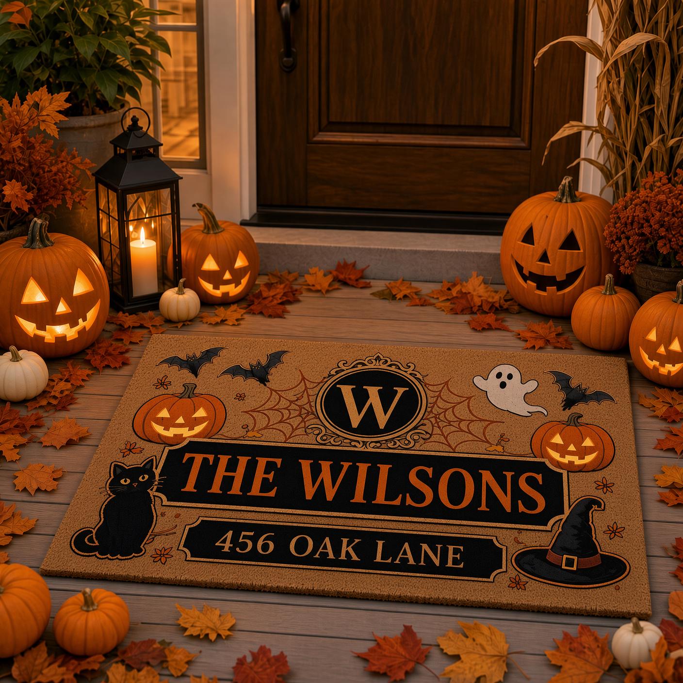 Personalized Custom Family Name Halloween Doormat – Monogram Pumpkin Ghost And Black Cat Spooky Welcome Mat, Front Door Housewarming Gift - photo 4